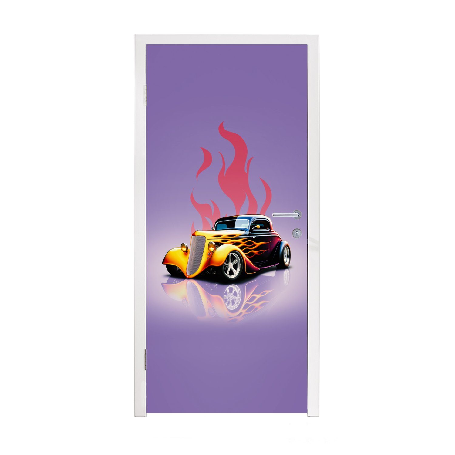 MuchoWow Türtapete Auto - Lila - Flammen - Vintage, Matt, bedruckt, (1 St), Fototapete für Tür, Türaufkleber, 75x205 cm