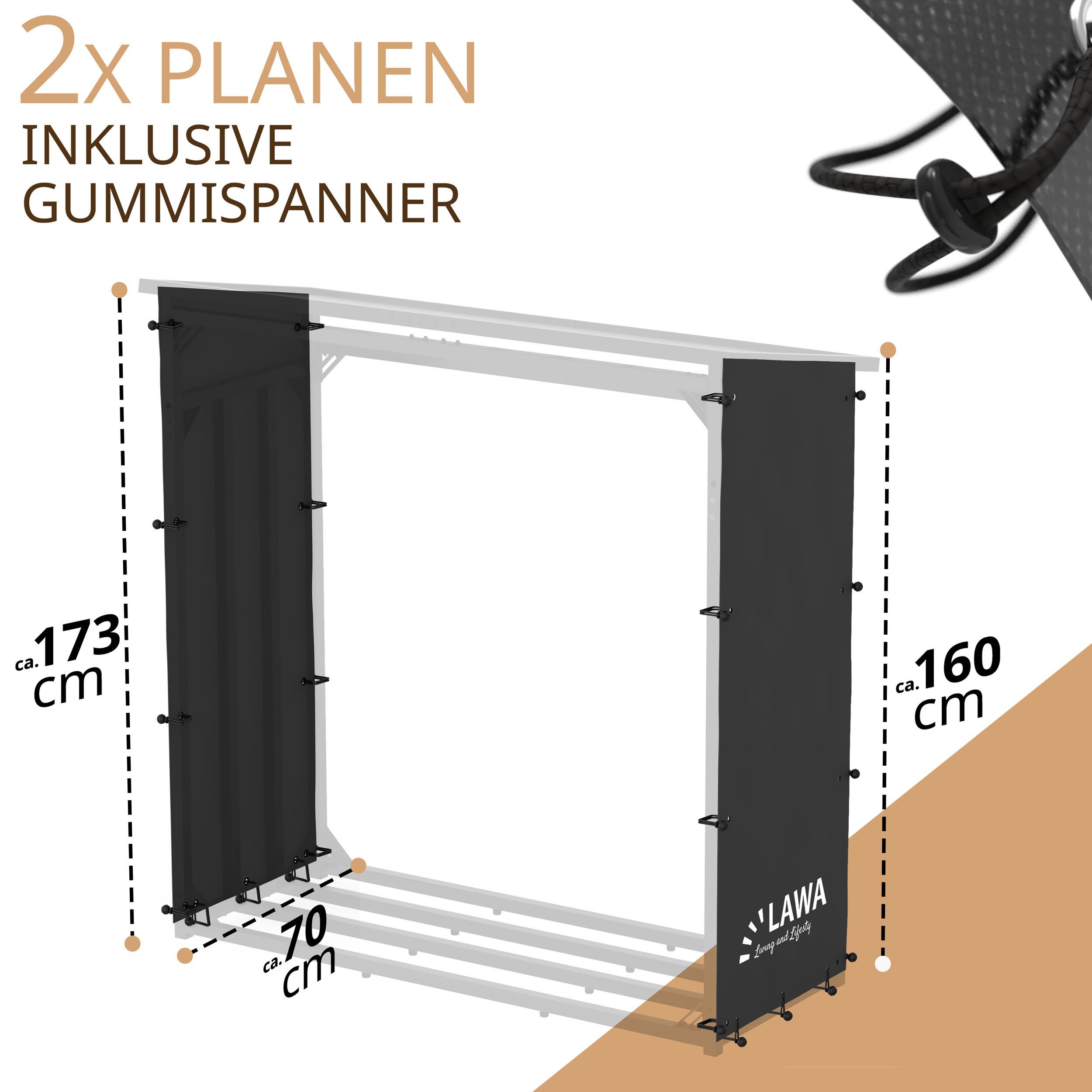 LAWA Living and Lifestyle Schutzplane 2 Seitenplanen für 70cm Kaminholzregal Feuerholzregal Abdeckung (2er Set), incl. Befästigungsbänder