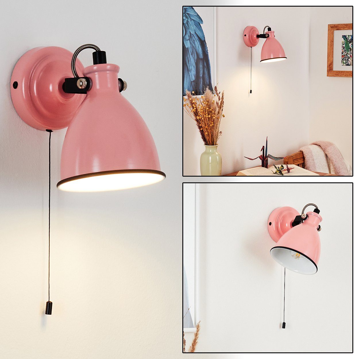 hofstein Wandleuchte »Spadacenta« Wandlampe, Metall, Pink glänzend/Weiß/Schwarz, ohne Leuchtmittel, Leuchte im Retro/Vintage, Zugschnur, 1xE14, verstellbarer Strahler