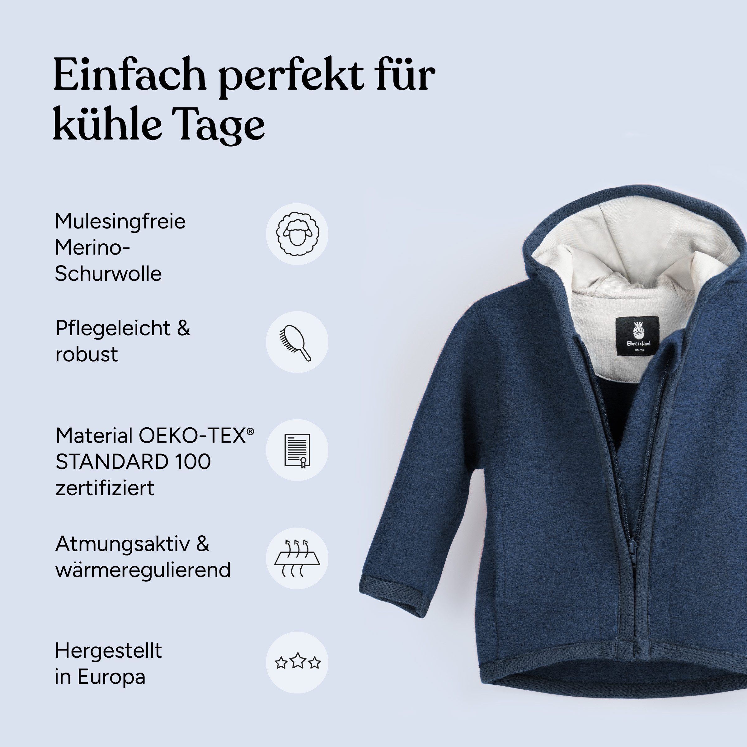 Ehrenkind Walkjacke, Jacke für Kinder aus Merino Schurwolle mit Reißverschluss (aus hochwertiger Walkwolle, atmungsaktiv und temperaturausgleichend) Jacke für Jungen und Mädchen