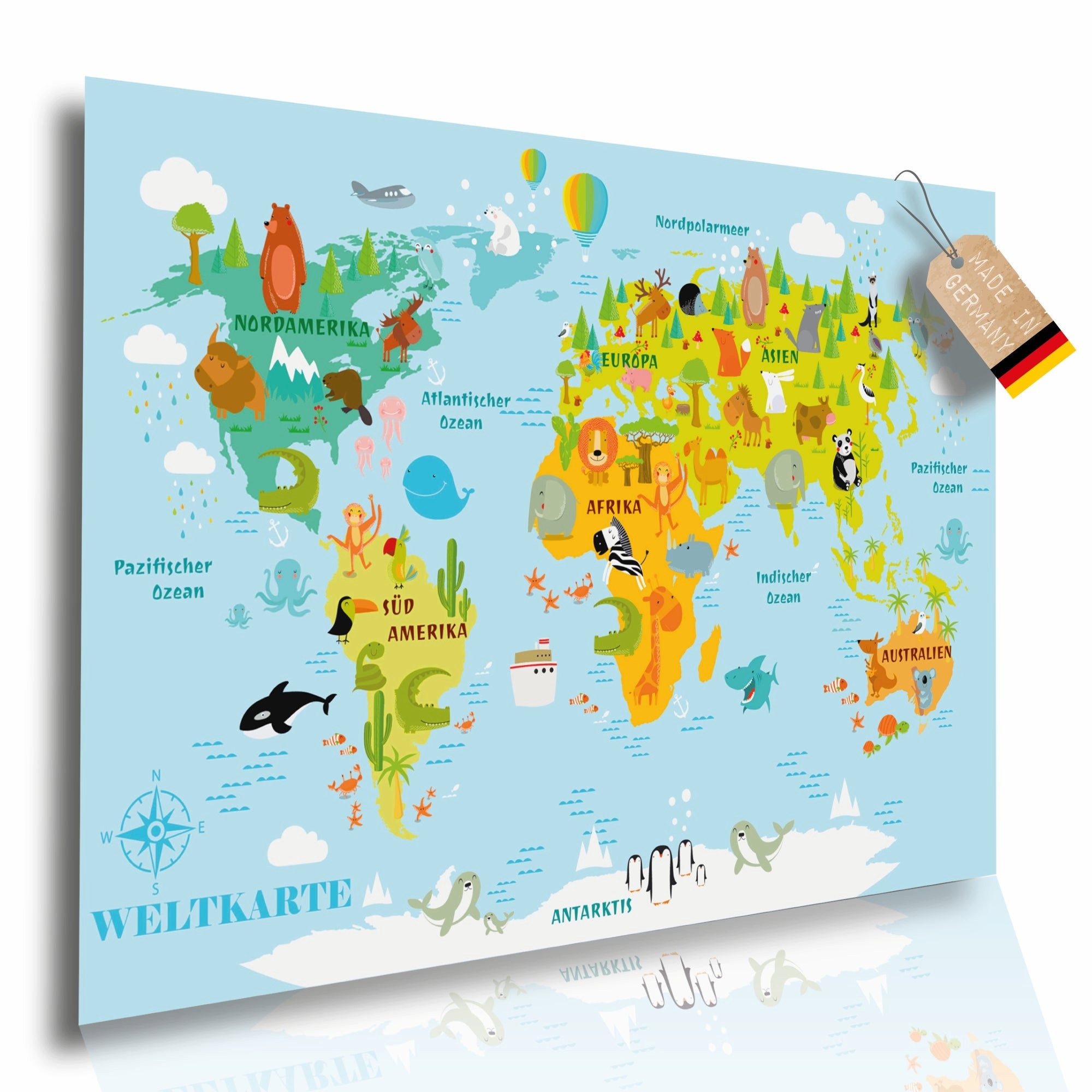 Lineo Poster Bunte Weltkarte Kinder XXL Poster, (Poster, 1 St), Mit Tieren, Wahrzeichen und Kontinenten