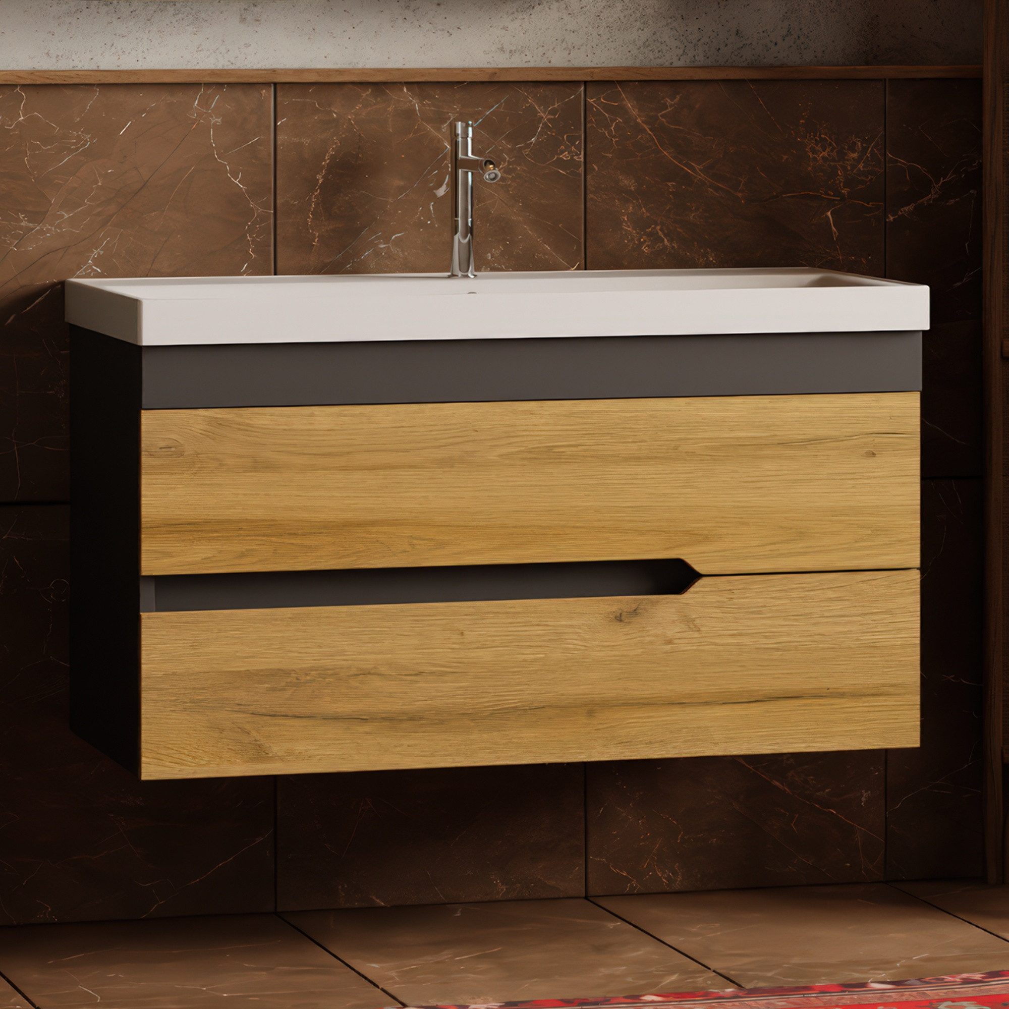 Karen Waschtisch-Set Waschtisch mit Unterschrank Marmara, (3-St., Unterschrank mit Schubladen, Keramikwaschbecken), Innovatives Design, MDF Lam, Softclose, Funktionalität