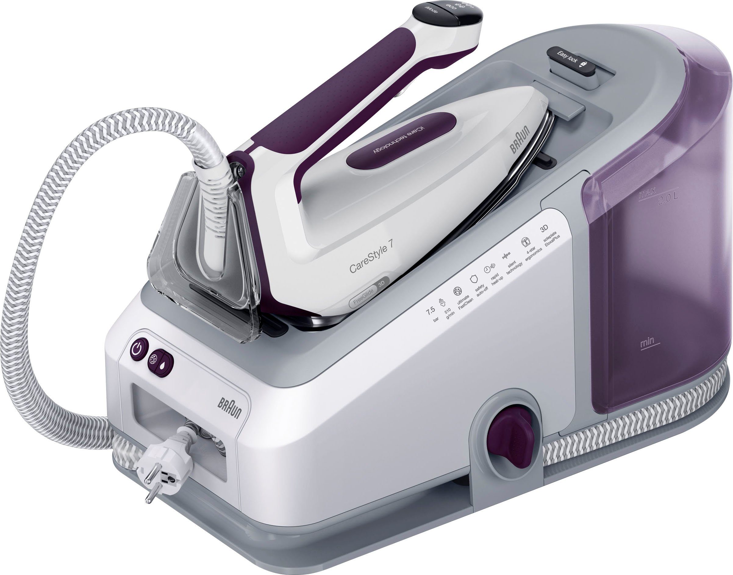 Braun Dampfbügelstation CareStyle 7 IS 7266 VI - 7,5 bar, 550 g Dampfstoß, 2,0 l Wassertank, 2000 ml Wassertank, 160 g Dampfmenge, EloxalPlus Bügelsohle, Ultimate FastClean Entkalkung