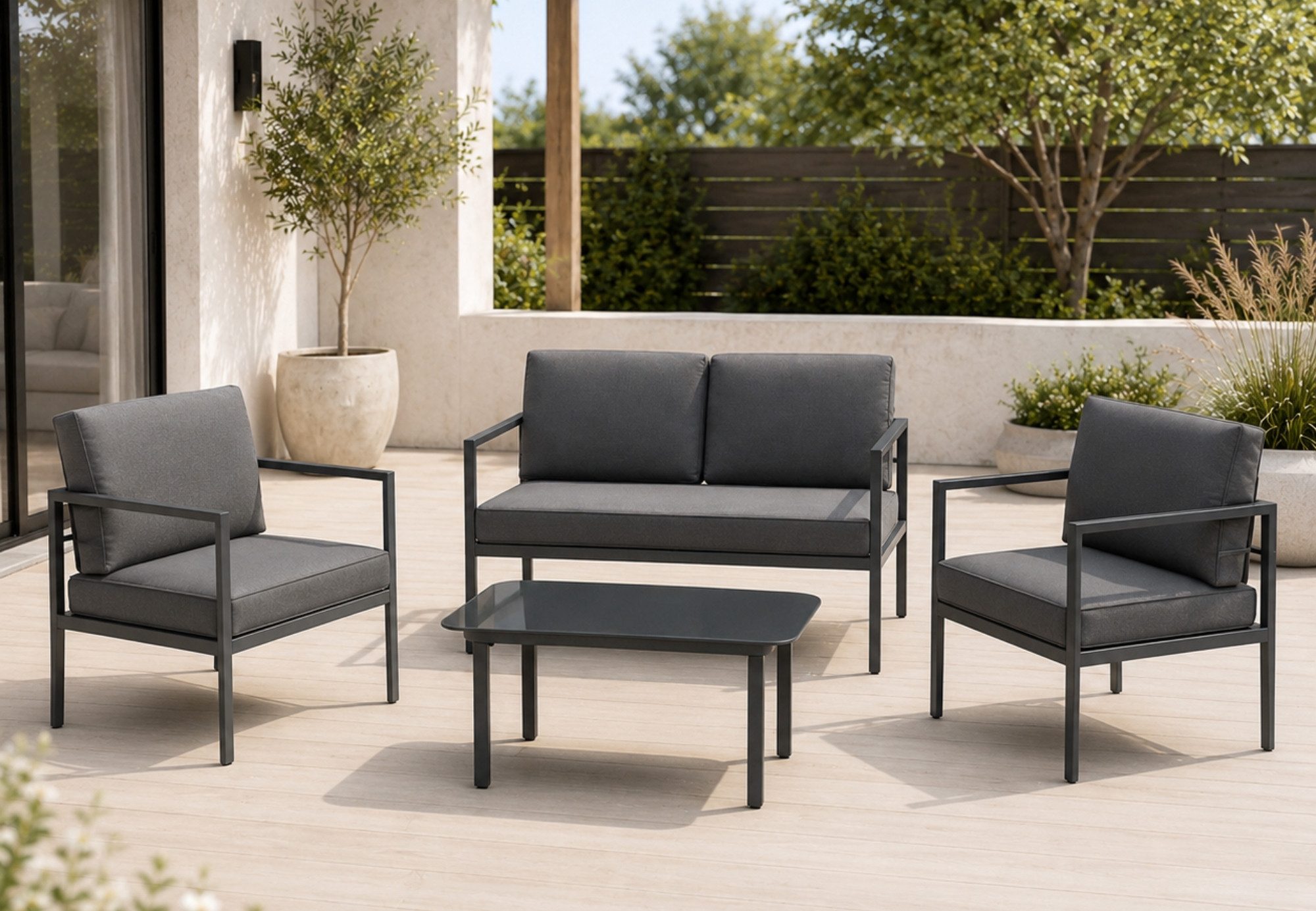 Home Collective Gartenlounge-Set Balkonmöbel Lounge Möbel Outdoor Terrassenmöbel Sitzgruppe mit Tisch, (4-teiliges Set mit 1 2-Sitzer, 2 Sesseln und 1 Tisch, inkl. abziehbarer Kissen), obustes Metallgestell und Sicherheitsglas, graue Kissen, anthrazit