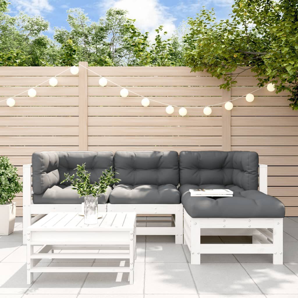 vidaXL Gartenlounge-Set 5-tlg. Garten-Lounge-Set mit Kissen Weiß Massivholz, (5-tlg)