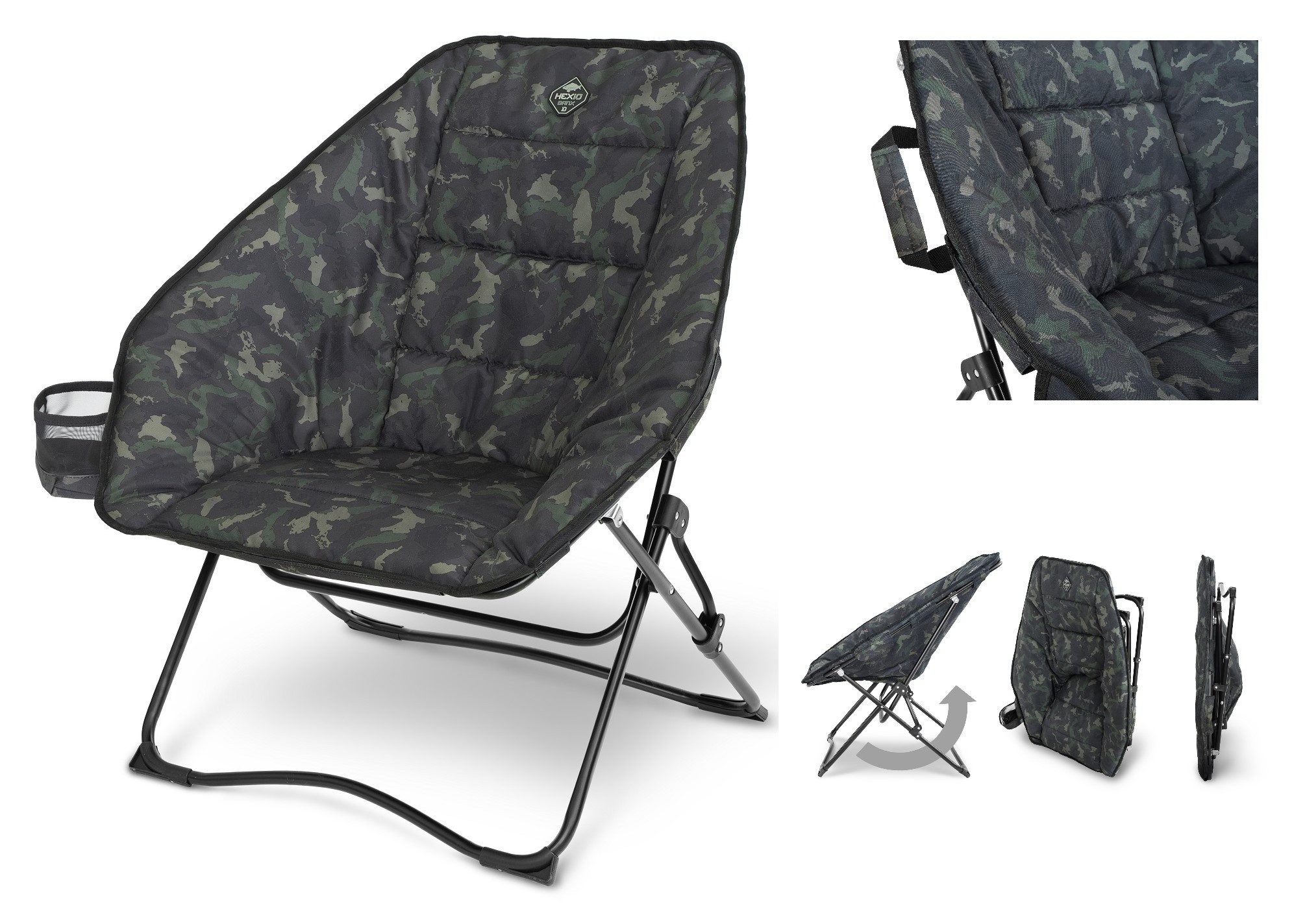 Delphin.sk Angelstuhl HEXIO Banx Sessel - 130kg belastbar - 4,9kg leicht - bequem Camping (1 St), Getränkehalter, Armlehnen, sehr bequem und gemütlich