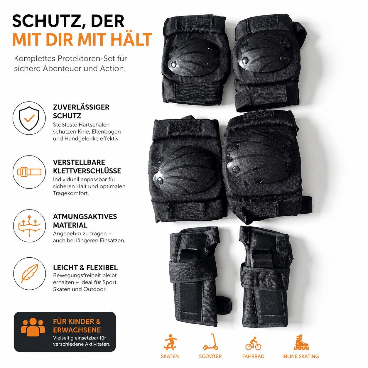 Gardissimo Protektoren-Set 6 tlg. Für Inline Skates Longboard Skateboard Schlittschuh (Spar-Set, 6-tlg., je zwei Schoner für Knie, Ellenbogen und Handgelenk), für Personen ab 160 cm Körpergröße