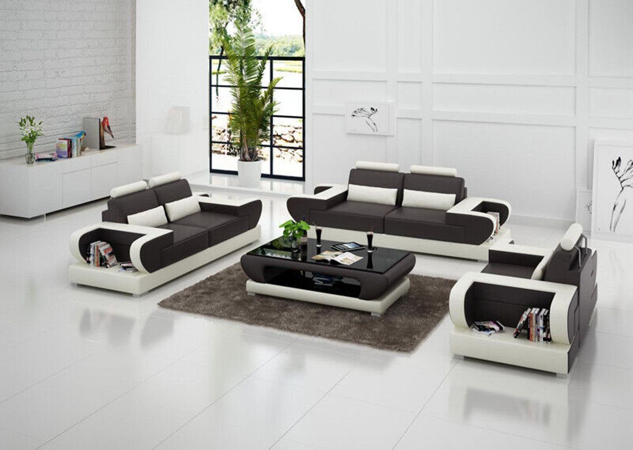 JVmoebel Wohnzimmer-Set Ledersofa Couch Wohnlandschaft 3+2+1 Sitzer Garnitur Design Sofa, (3-St) Dunkelgrau/Weiß | Wohnwände