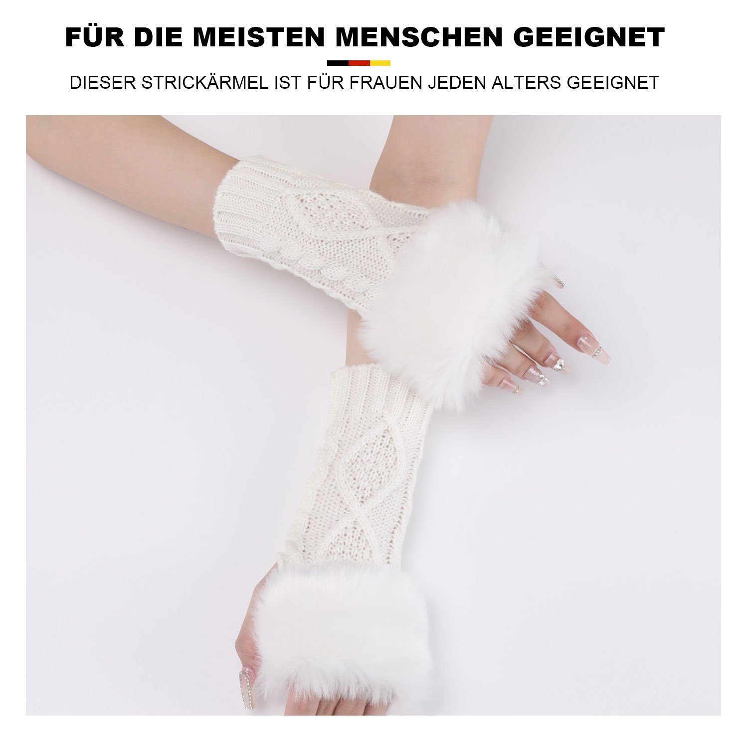 MAGICSHE Strickhandschuhe Fingerlose Handschuhe Damen Gestrickte Kunstpelz Weiß