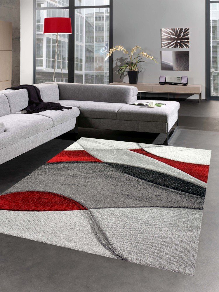 Teppich Flachflor Motiv Modern Wohnzimmer Pflegeleicht Silber Rot Beige Neu 
