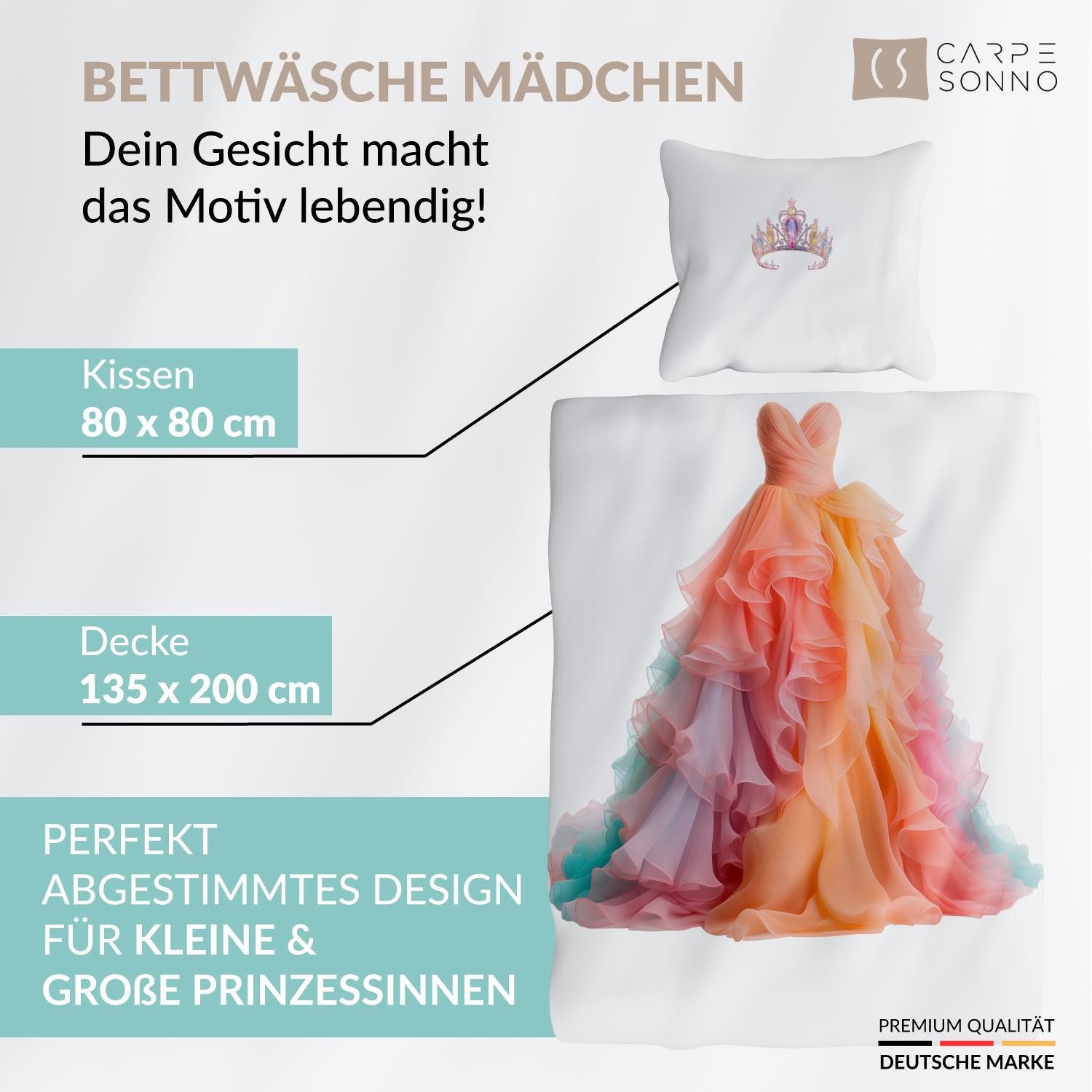 Carpe Sonno Kinderbettwäsche 135 x 200 Mädchen Prinzessin Kinder Bettwäsche Lila Rosa Baumwolle, Renforcé, 2 teilig, OEKO-TEX Bettbezug 135x200 mit Reißverschluss - Kleid