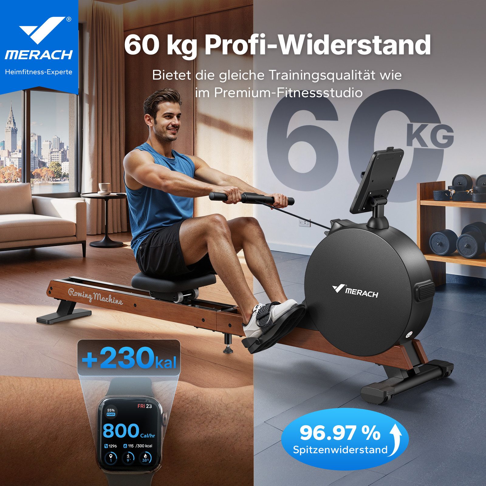 MERACH Rudergerät Echtholz Rudergerät, 60kg Magnet, Selbstversorgend, Profi-Heimtrainer (Doppelschienen-System,Massivholz-Rudermaschine, HD LED Anzeige, 1-tlg., Bluetooth App-Anbindung, automatische Widerstandsanpassung), Besonders leise, Ganzkörpertraining