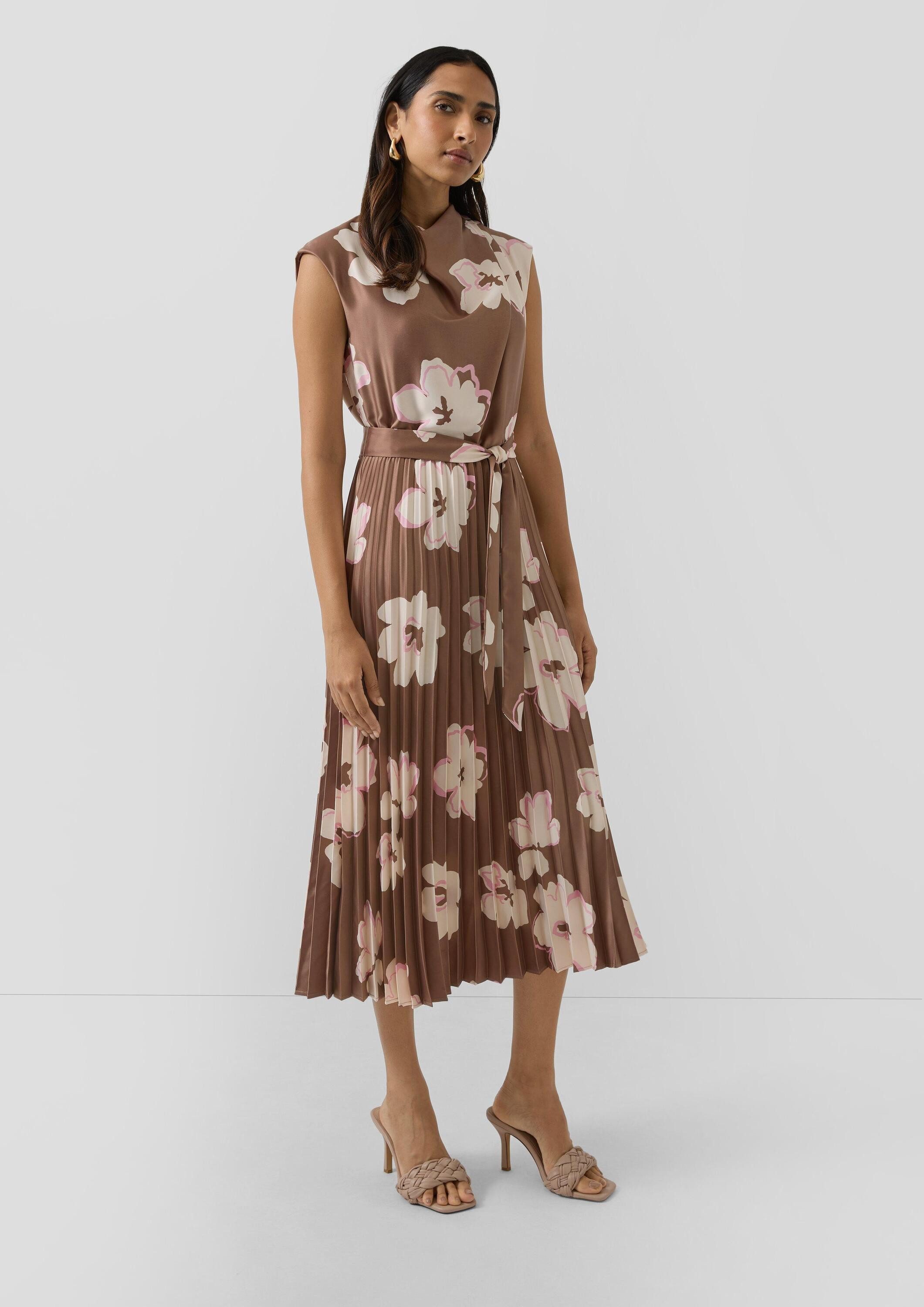 s.Oliver Midikleid Kleid Ärmelloses Satinkleid mit Plissee und Wasserfallausschnitt