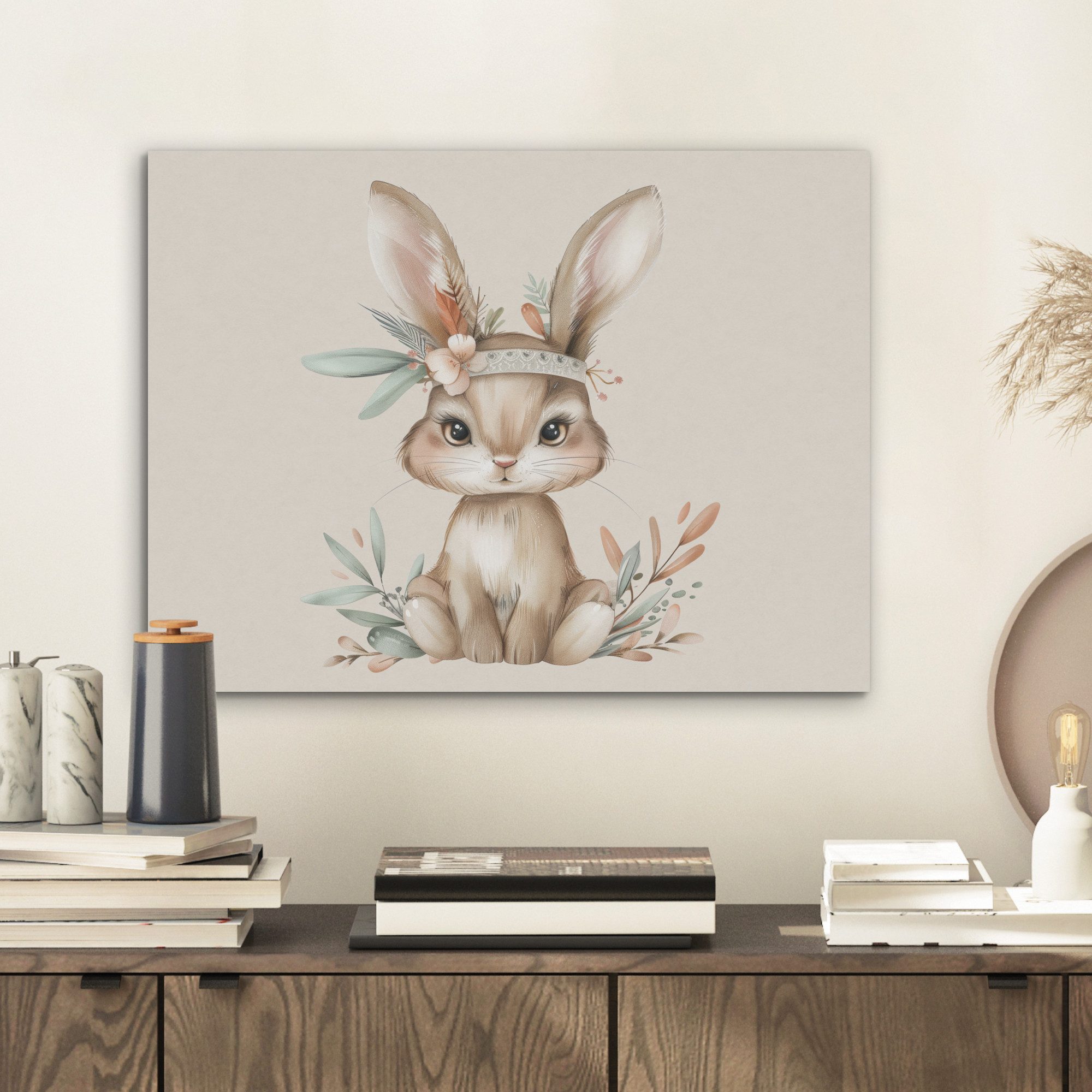 MuchoWow Gemälde Hase - Tier - Bohème - Pastellfarben, Fotodruck (1 St), Akustikpaneele PET-Filz, Akustikbild, Schalldämmung, Deko 40x30 cm