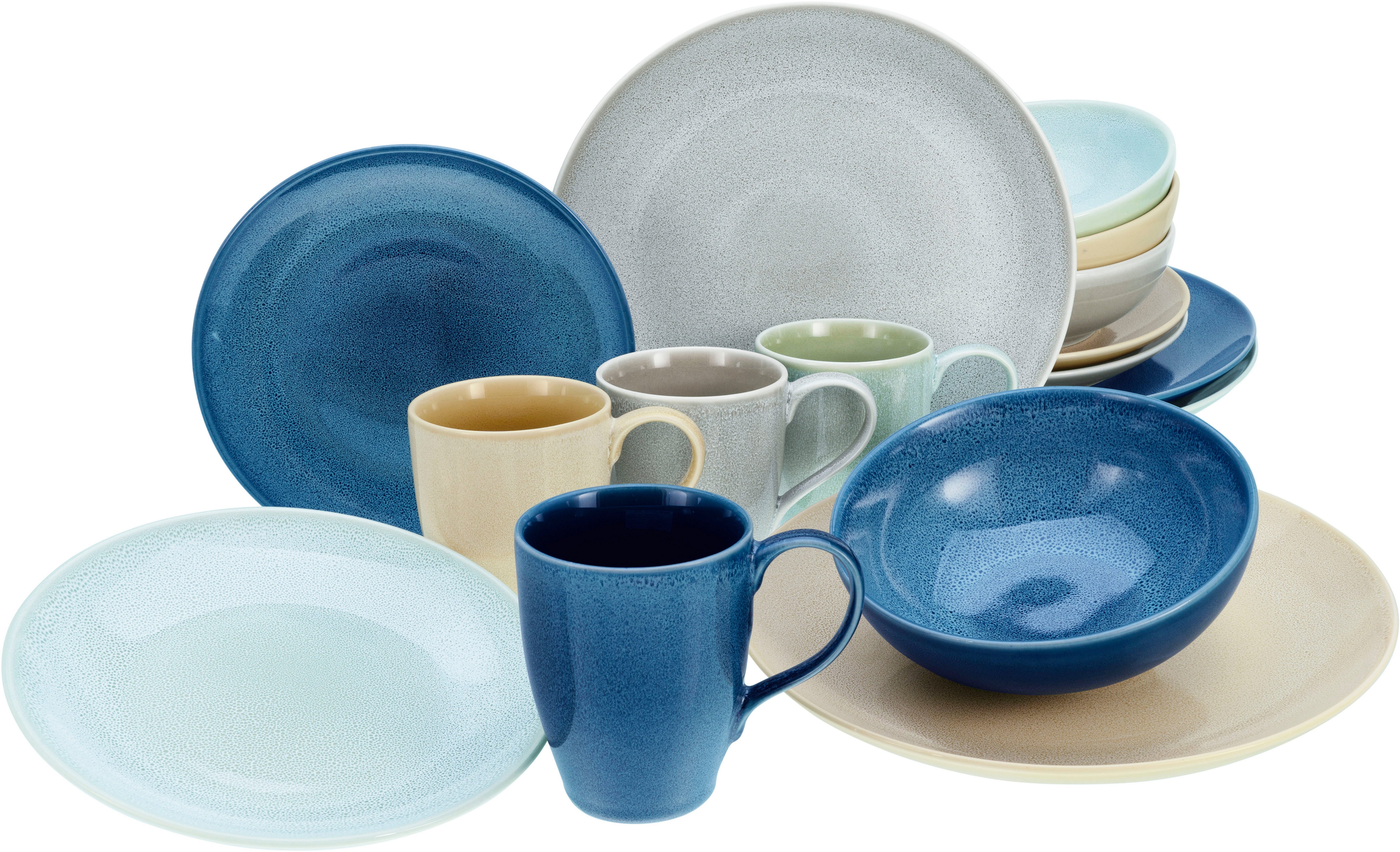 CreaTable Kombiservice Geschirr-Set Reactive (16-tlg), 4 Personen, Steinzeug, Service, nostalgische Spezialglasur, 16 Teile, für 4 Personen