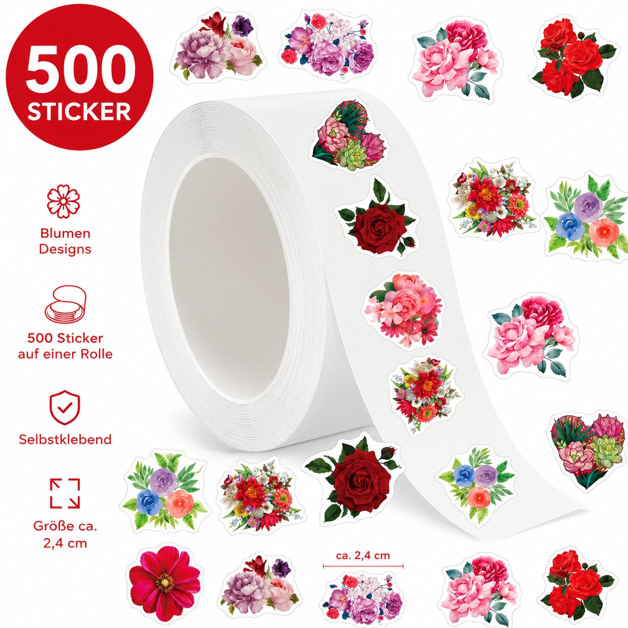 Ware aus aller Welt Sticker 500 Blumen Sticker auf Rolle ca. 2,4 cm Dekorieren Basteln, (500-tlg)
