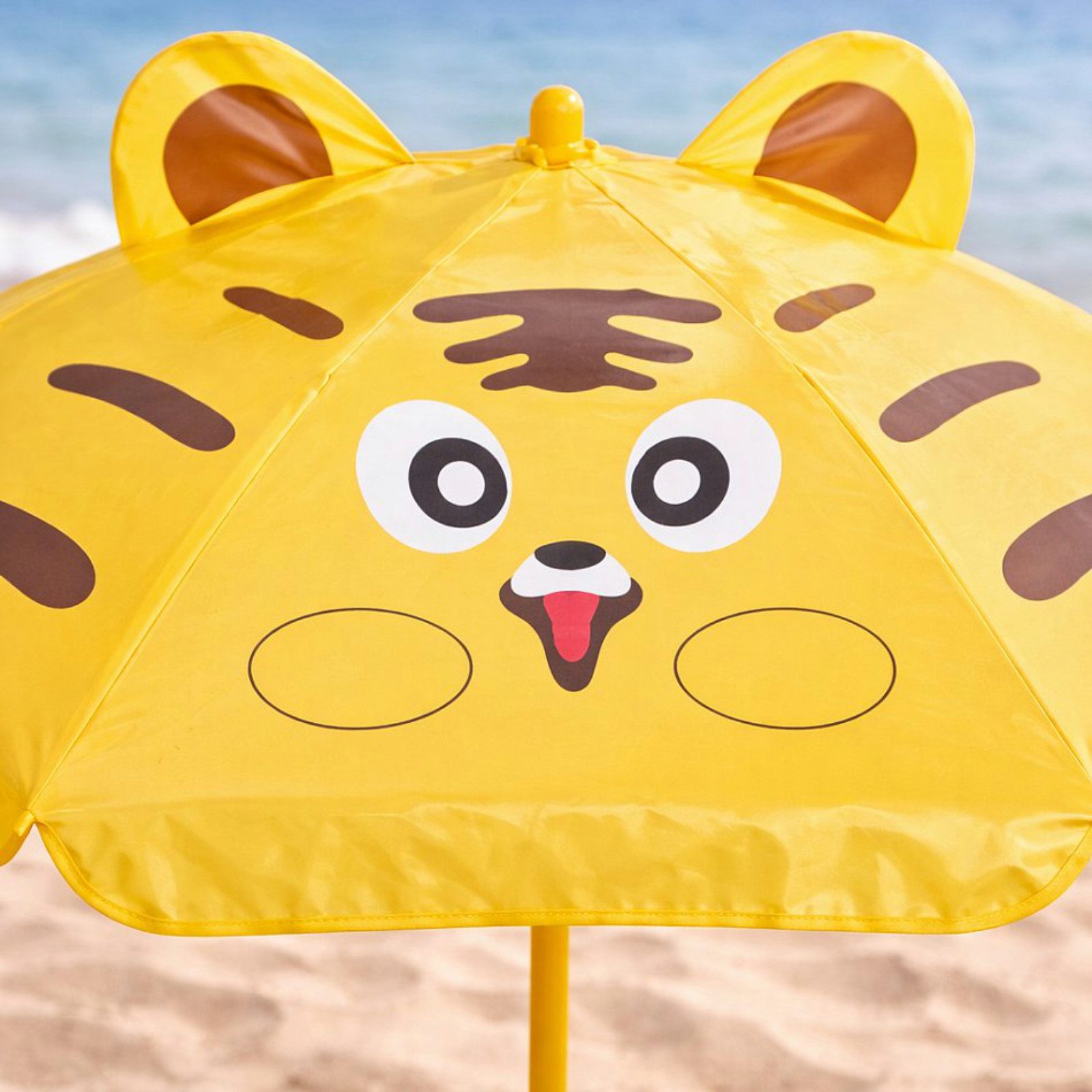 Koopman Garten-Kindersitzgruppe Sitzgruppe Strandstuhl Strandschirm Tisch Kindermöbel 4tlg, (1-tlg), Tiger-Design, Faltstuhl, Orange / Gelb, Schattenspender, Outdoor