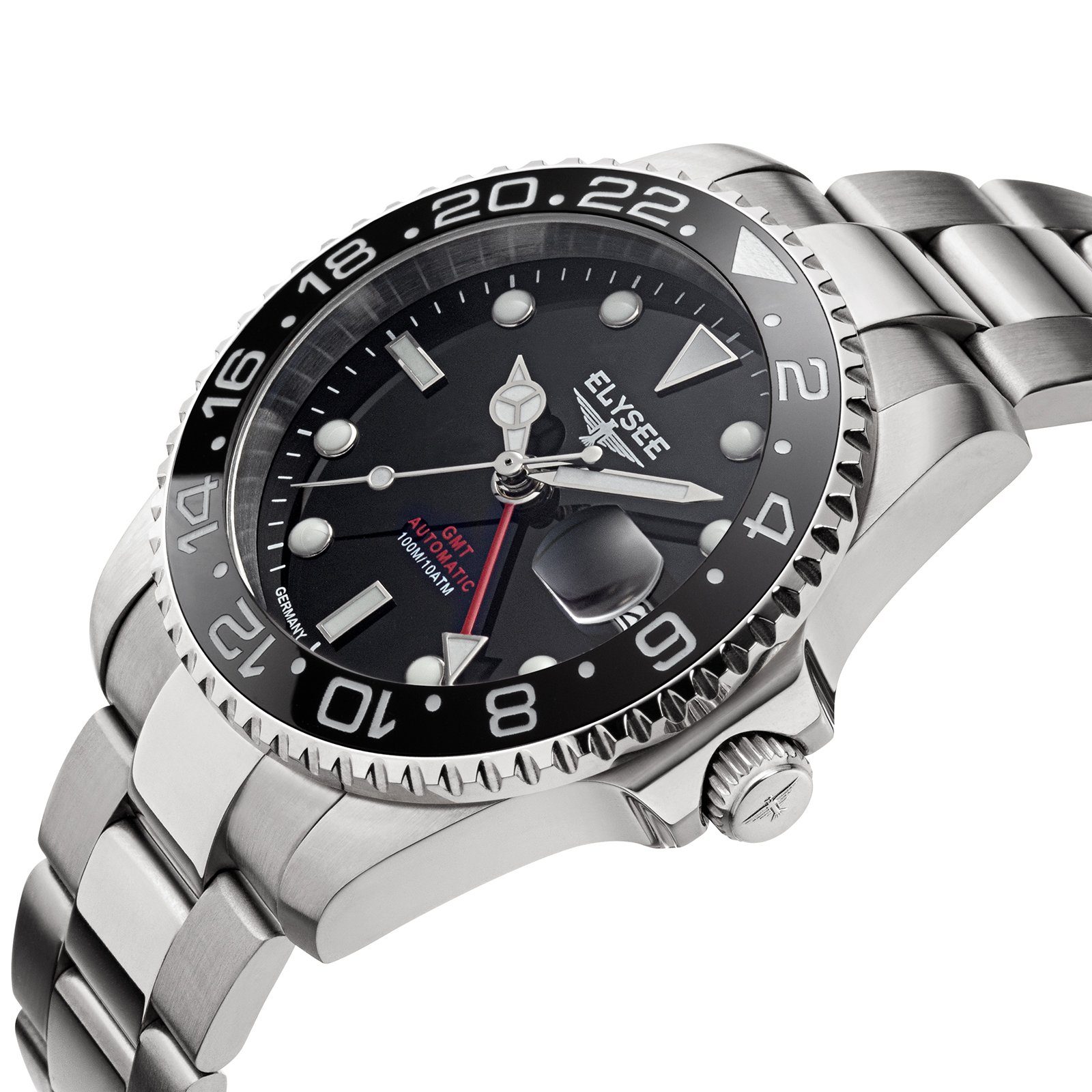 als Edelstahl GMT Automatikuhr auch 40,5mm schwarz silber, AUTOMATIC Geschenk Herrenuhr 4-Zeiger-Uhr ideal Elysee