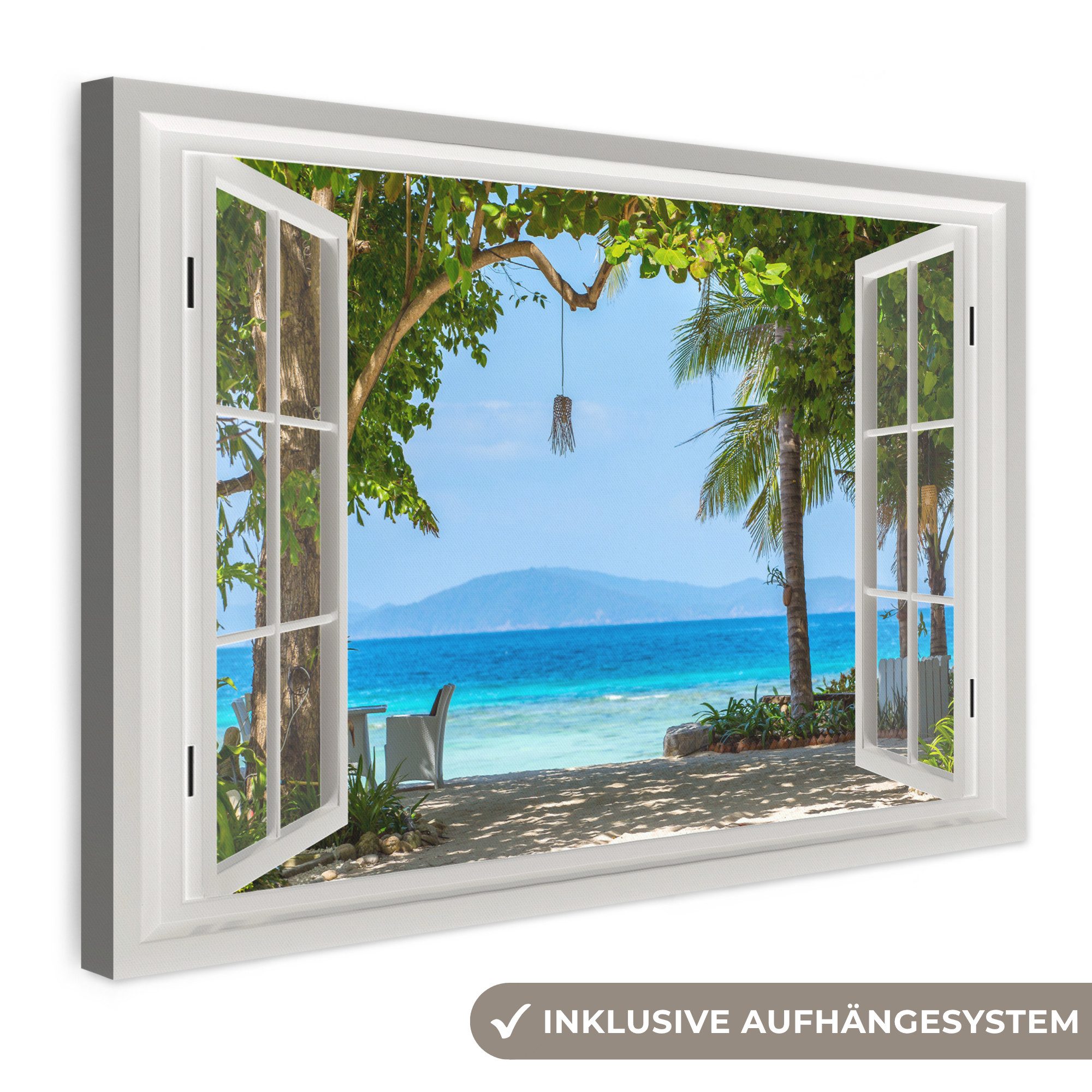 OneMillionCanvasses® Leinwandbild Aussicht - Baum - Meer - Palme - Hügel - Strand - Blau, Fotodruck (1 St), Leinwand Bilder Klein, Wand Dekoration Aesthetic 30x20 cm