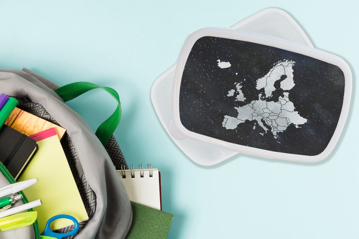 MuchoWow Lunchbox Karte Europa - Jungs - (2-tlg), Brotdose, Kunststoff, für für Kinder Aquarell, Brotbox Erwachsene, Sternenhimmel Mädchen und weiß und