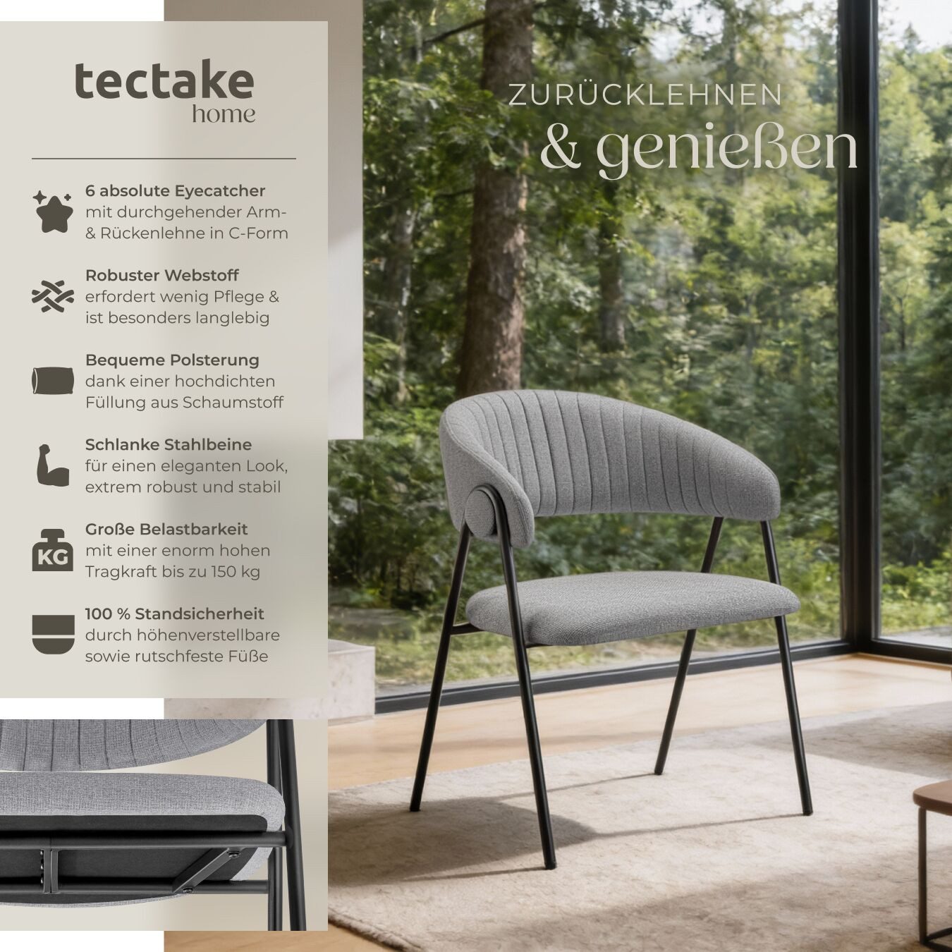 tectake Esszimmerstuhl Armlehnstuhl Bedano, gepolstert, Webstoff, Belastbar günstig online kaufen