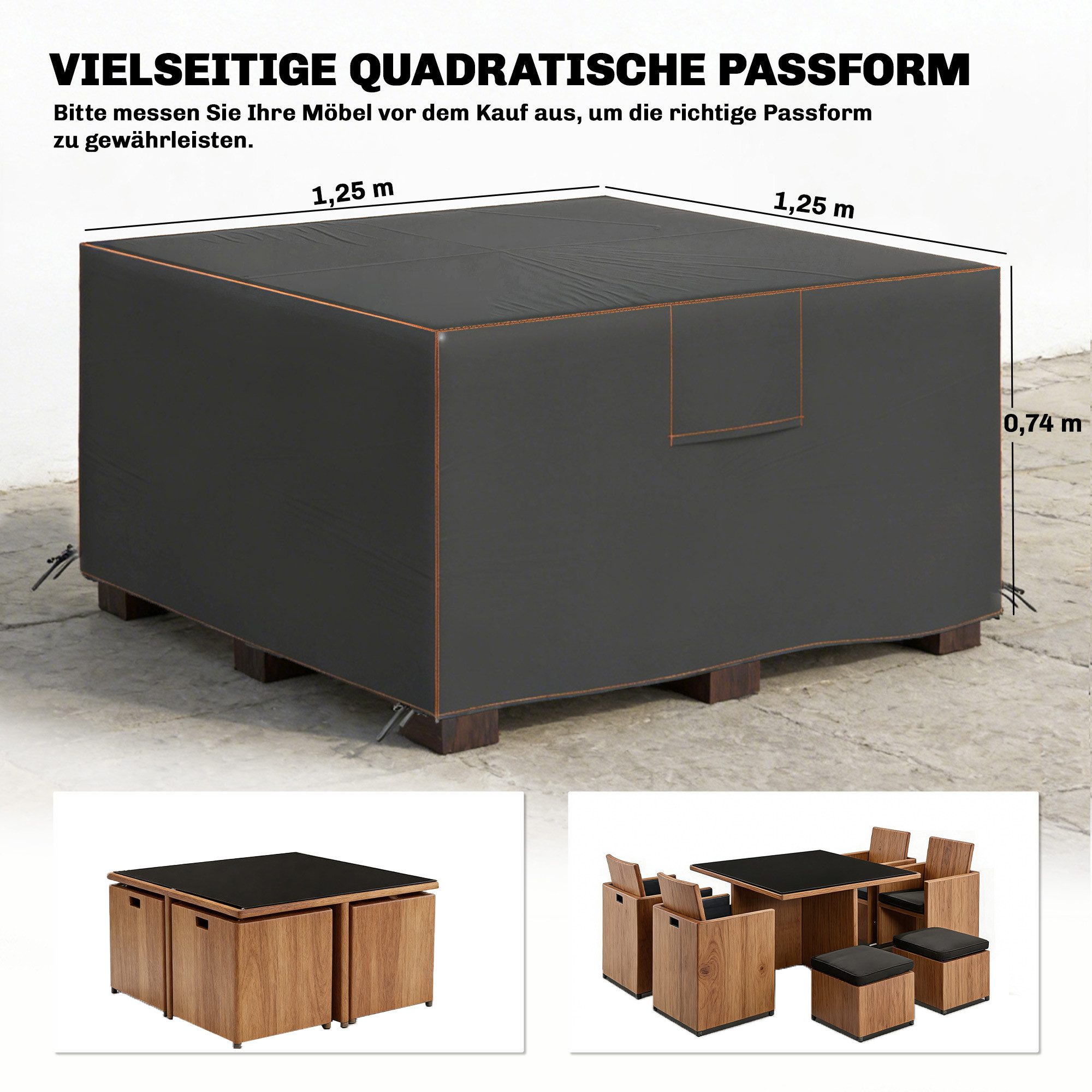 Outsunny Gartenmöbel-Schutzhülle Winddicht Abdeckhaube (Wasserdicht Abdeckung, 1-St., Winterfest Abdeckplane), für Gartentische Terrassenmöbel Quadratisch 125x125x74 cm, Schwarz