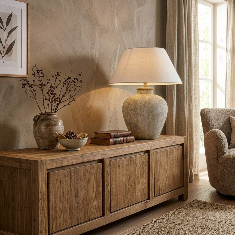 HOME DELUXE Tischleuchte LENE in Steinoptik - Größenauswahl Ø 42/50, ohne Leuchtmittel, Schirm beige Kegelform, Tischlampe, Schreibtischlampe
