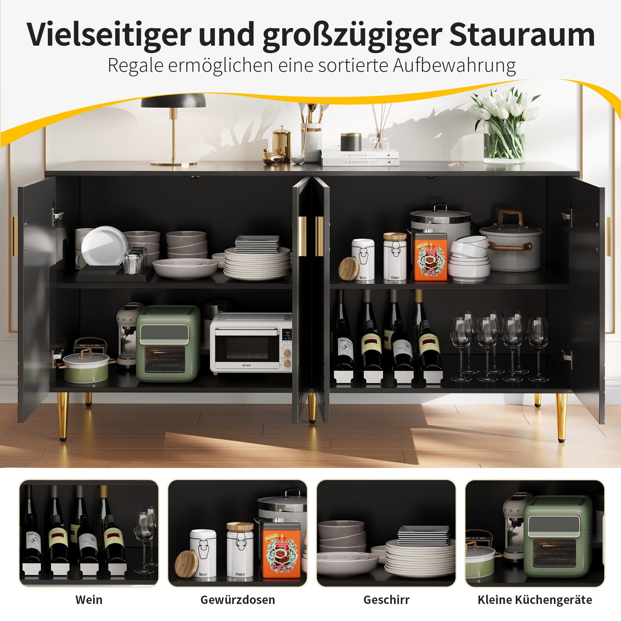 i@home Sideboard Kommode,schwarz (Packung set), mit goldenen Griffen und Füßen,152*40*75cm