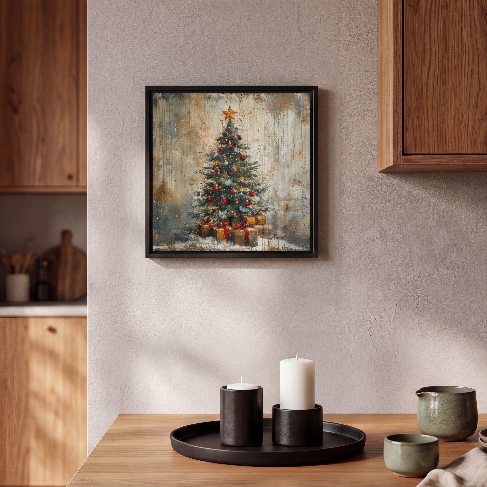 OneMillionCanvasses® Leinwandbild mit Rahmen - Weihnachtsbaum - Vintage - Weihnachten - Geschenk, Fotodruck (1 St), Leinwand Bilder Klein, Wand Dekoration Aesth – Bild 2 von 5