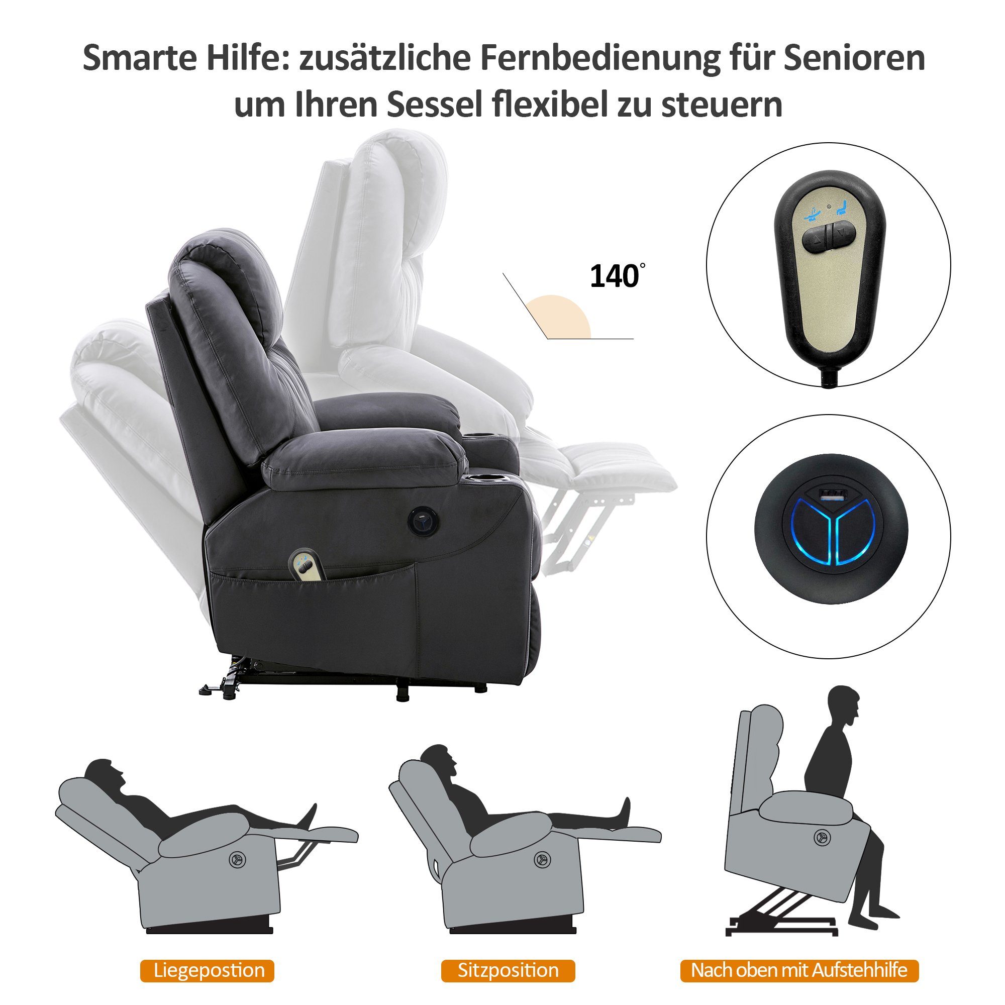 Kunstleder, USB, Massage, Mit Relaxsessel MCombo Elektrisch MCombo Schwarz-Kunstleder Heizung, Relaxsessel Stoff, Mikrofaser 7040, Aufstehhilfe