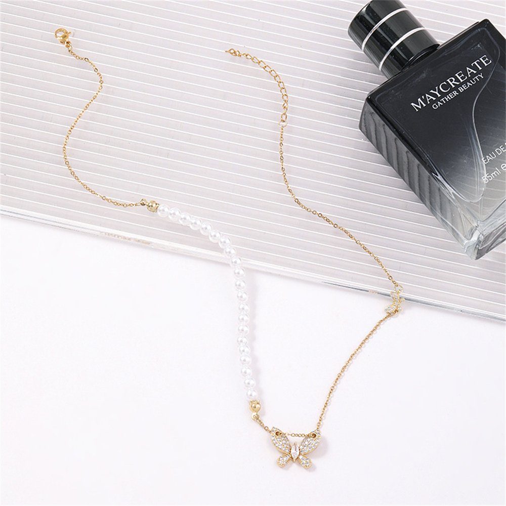 Halskette,Titanium Halskette,Zirkonia Charm-Kette Rouemi Perlenkette Damen Schmetterling