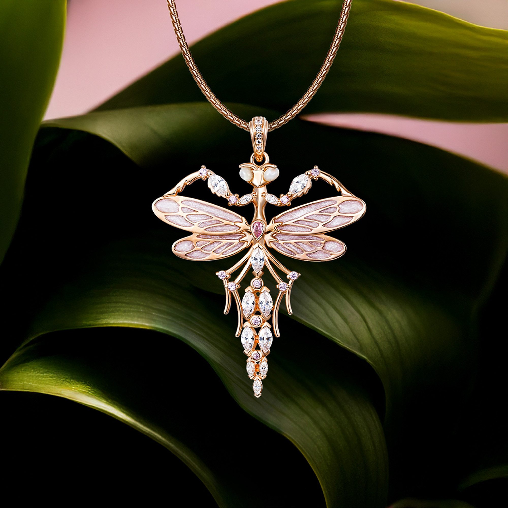Seinerzeit FLORA & FAUNA Kettenanhänger Juliette Gottesanbeterin Anhänger, Schmuck aus 925 Sterling Silber (Vom Wald inspirierter Damenschmuck mit liebevoll gestaltetem Natur- und Tiermotiv – ein besonderer Begleiter im Alltag und zu besonderen Anlässen, 1-tlg., inkl. Geschenkverpackung für Frauen ob Freundin, Mutter, Ehefrau, Oma), rosé-vergoldet, mit Emaille und Zirkonia-Steinen