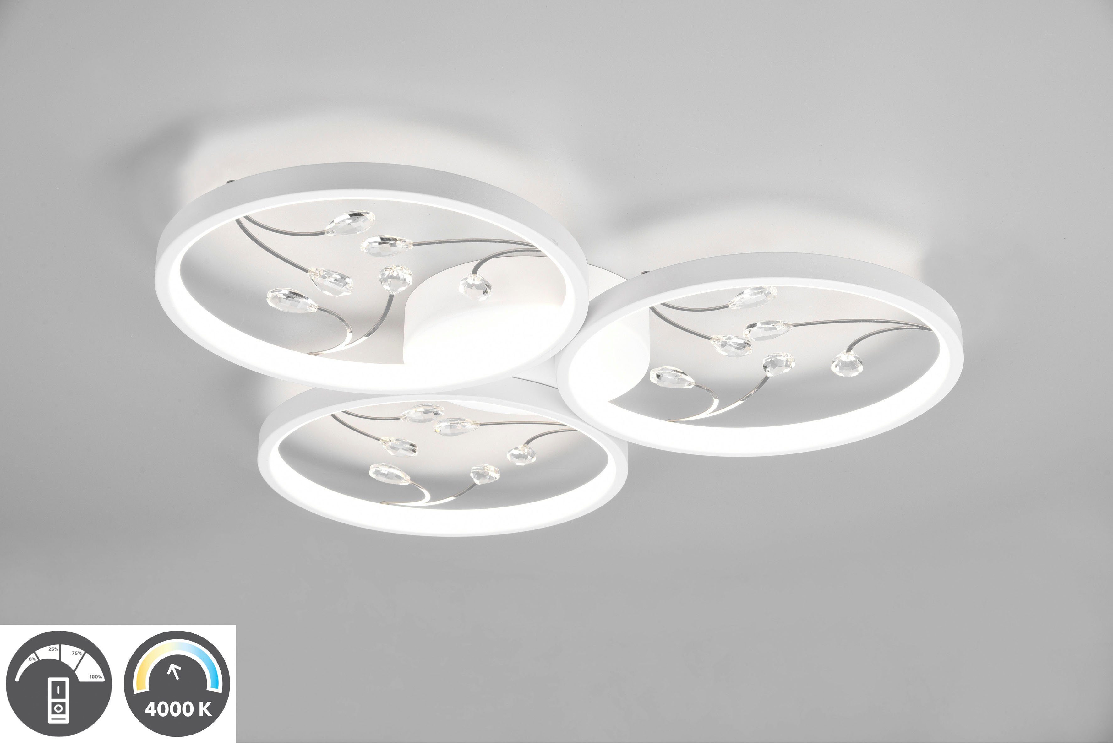 TRIO Leuchten LED Deckenleuchte Groovy, Dimmfunktion, mehrere Helligkeitsstufen, LED fest integriert, Neutralweiß, Deckenlampe 4000K mit Glas-Deko, 3 Dimmstufen, LED 30W 3800 Lumen