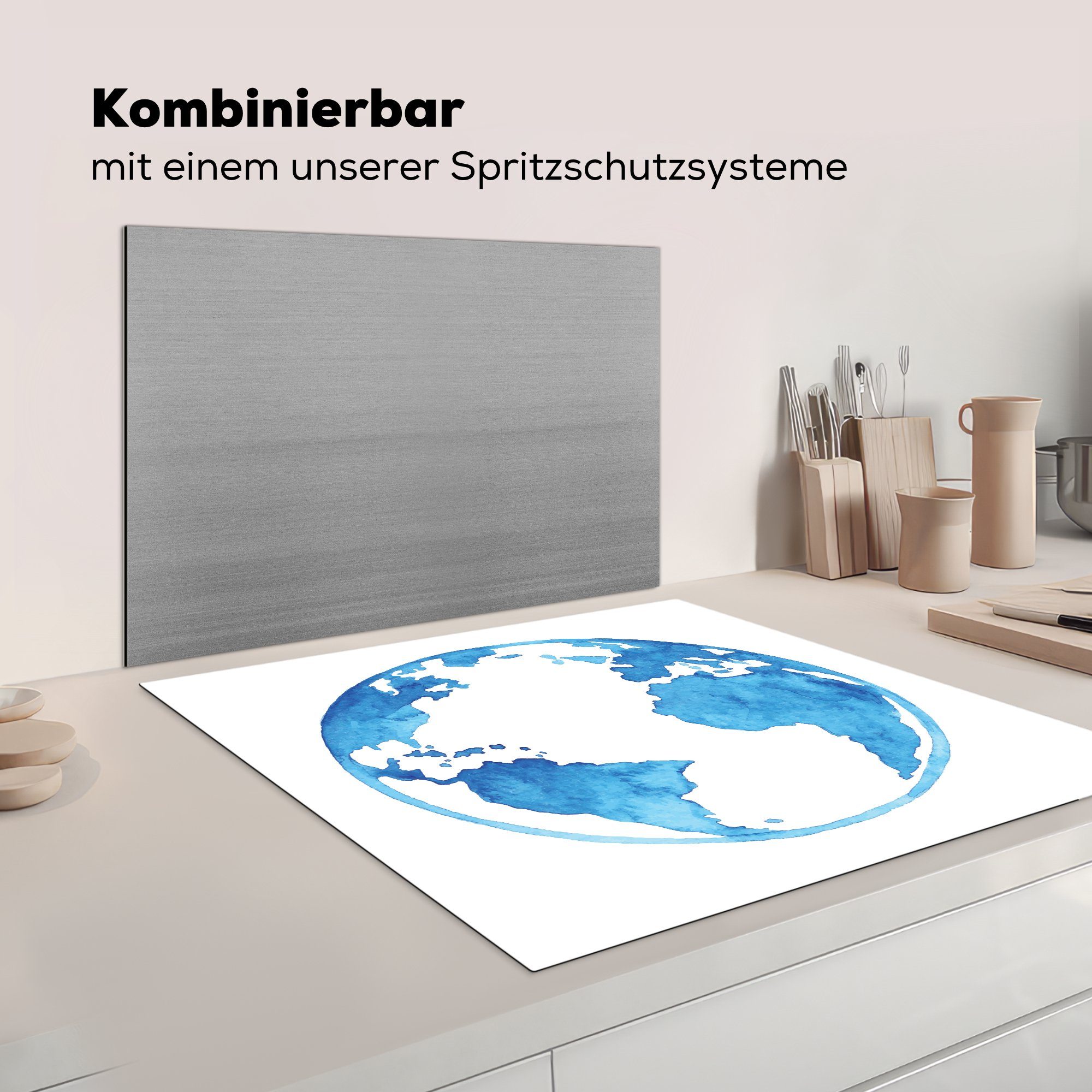Aquarell-Globus-Illustration, tlg), Arbeitsplatte Vinyl, MuchoWow küche Herdblende-/Abdeckplatte Ceranfeldabdeckung, cm, für (1 78x78