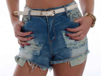 Charis Moda Jeansshorts Destroyed Jeans Short Spitze und Bling Applikationen mit Gürtel