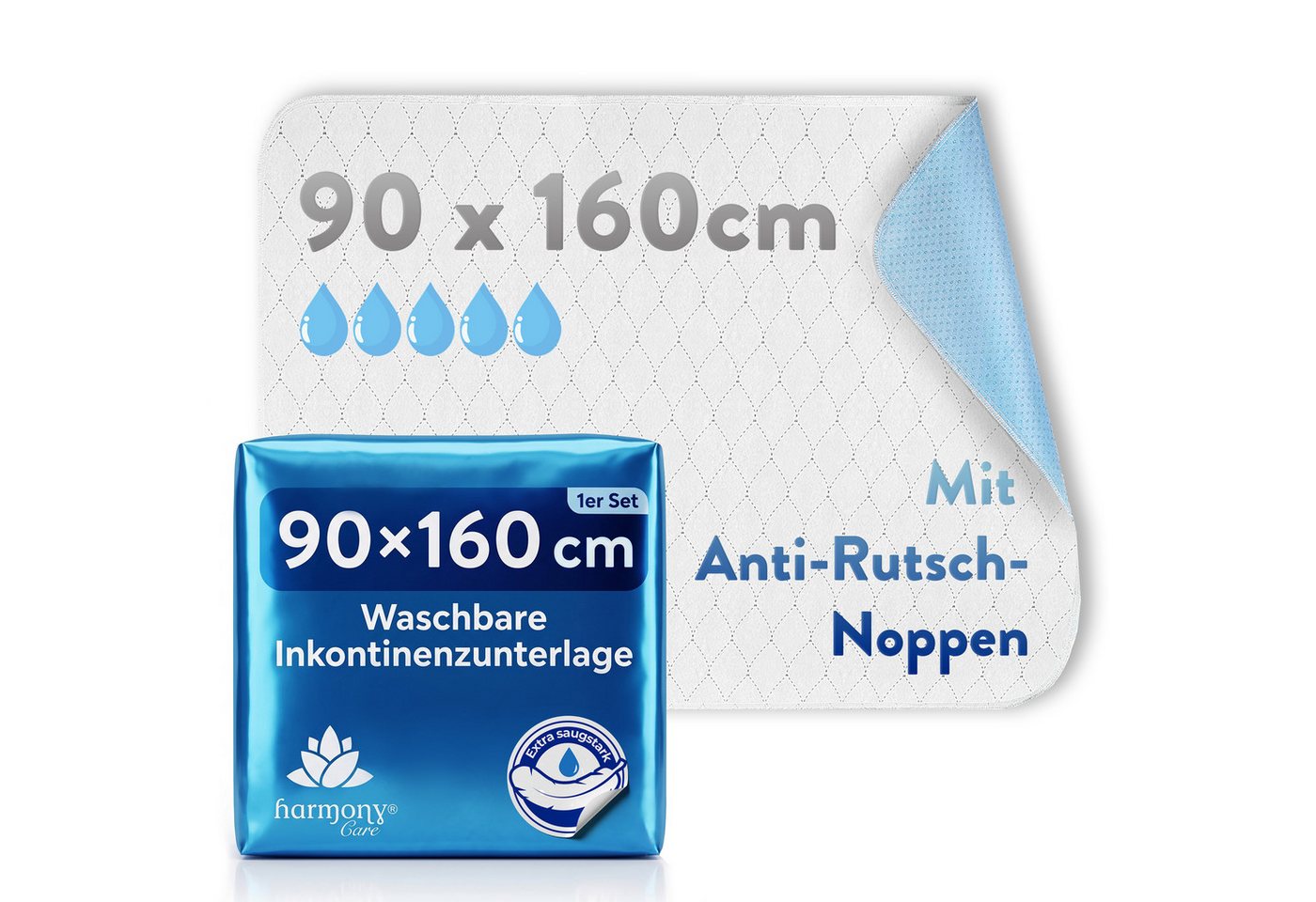 Inkontinenzauflage wasserdicht, Inkontinenzunterlage waschbar, Matratzenschoner Harmony Care, Matratzenschutz, wasserdichte Betteinlage mit Anti-Rutsch Noppen