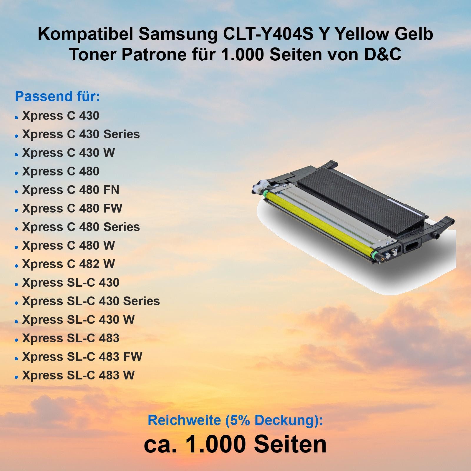 Tonerkartusche Kompatibel Samsung CLT-Y404S Y Yellow Gelb Toner Patrone von D&C, (Einzelpatrone, Druckleistung bis ca. 1000 Seiten), D&C