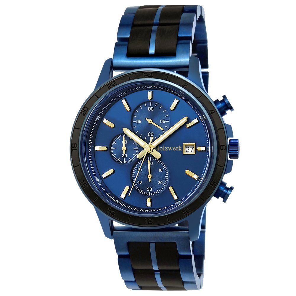 Holzwerk Chronograph BLAUSTEIN Herren Holz schwarz, Uhr, blau, gold Armband