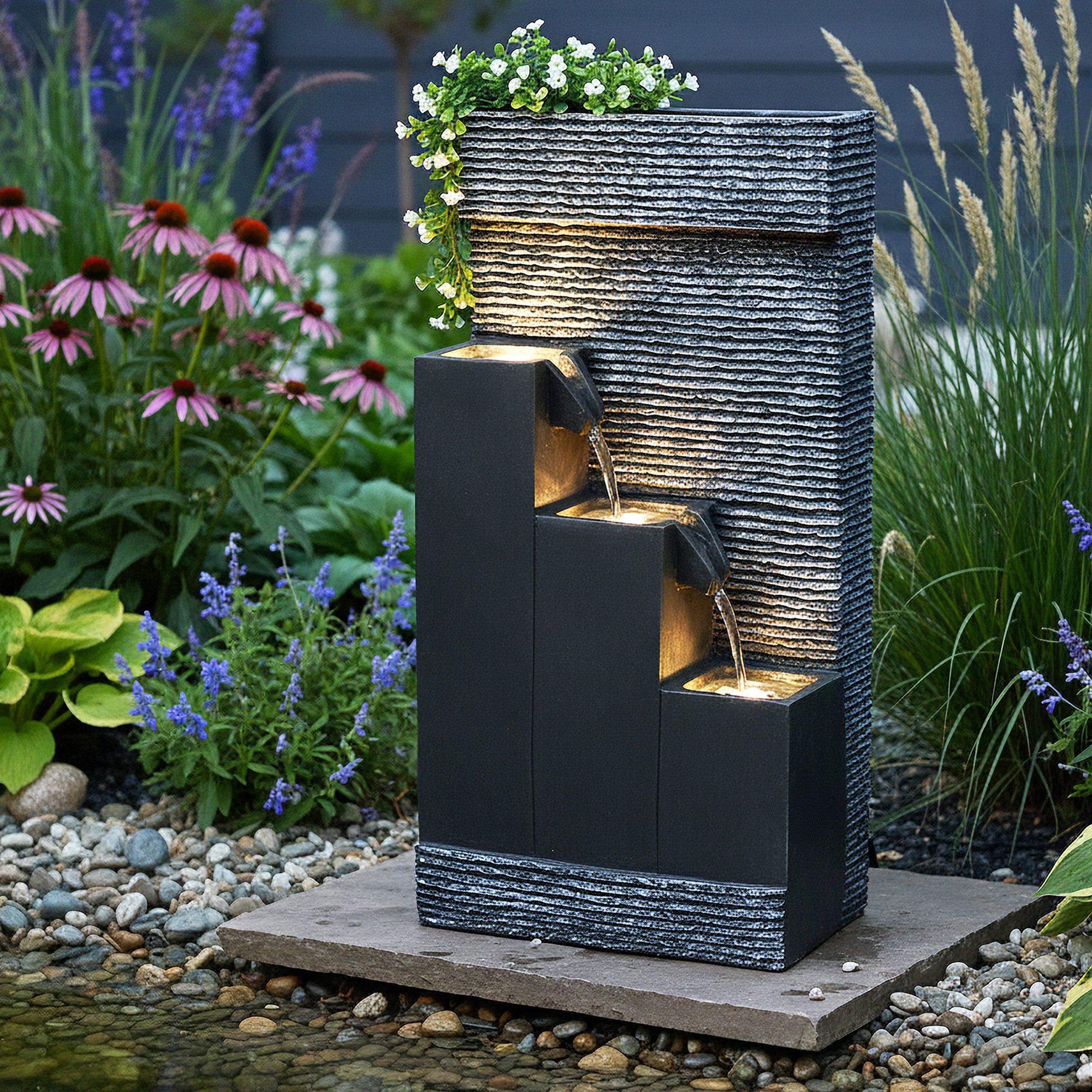 Arnusa Zimmerbrunnen BK845 Springbrunnen mit Beleuchtung Gartenbrunnen Kaskade, mit Dekorationsbecken, für Innen und Außen