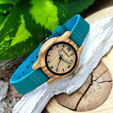 Holzwerk Quarzuhr CLARA BLUE kleine Kinder Holz & Leder Armband Uhr, türkis blau, beige