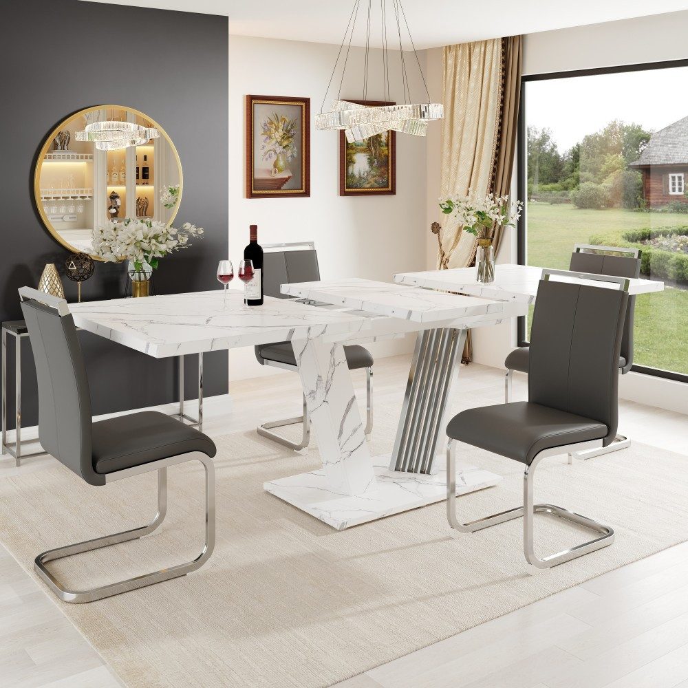 TavilaEcon Esstisch Ausziehtisch mit Marmorplatte, Küchentisch mit ausziehbarem Blatt (1-St), mit Schmetterlings-Gestell für Küche & Wohnzimmer, 120-160x80x76 c – Bild 2 von 5