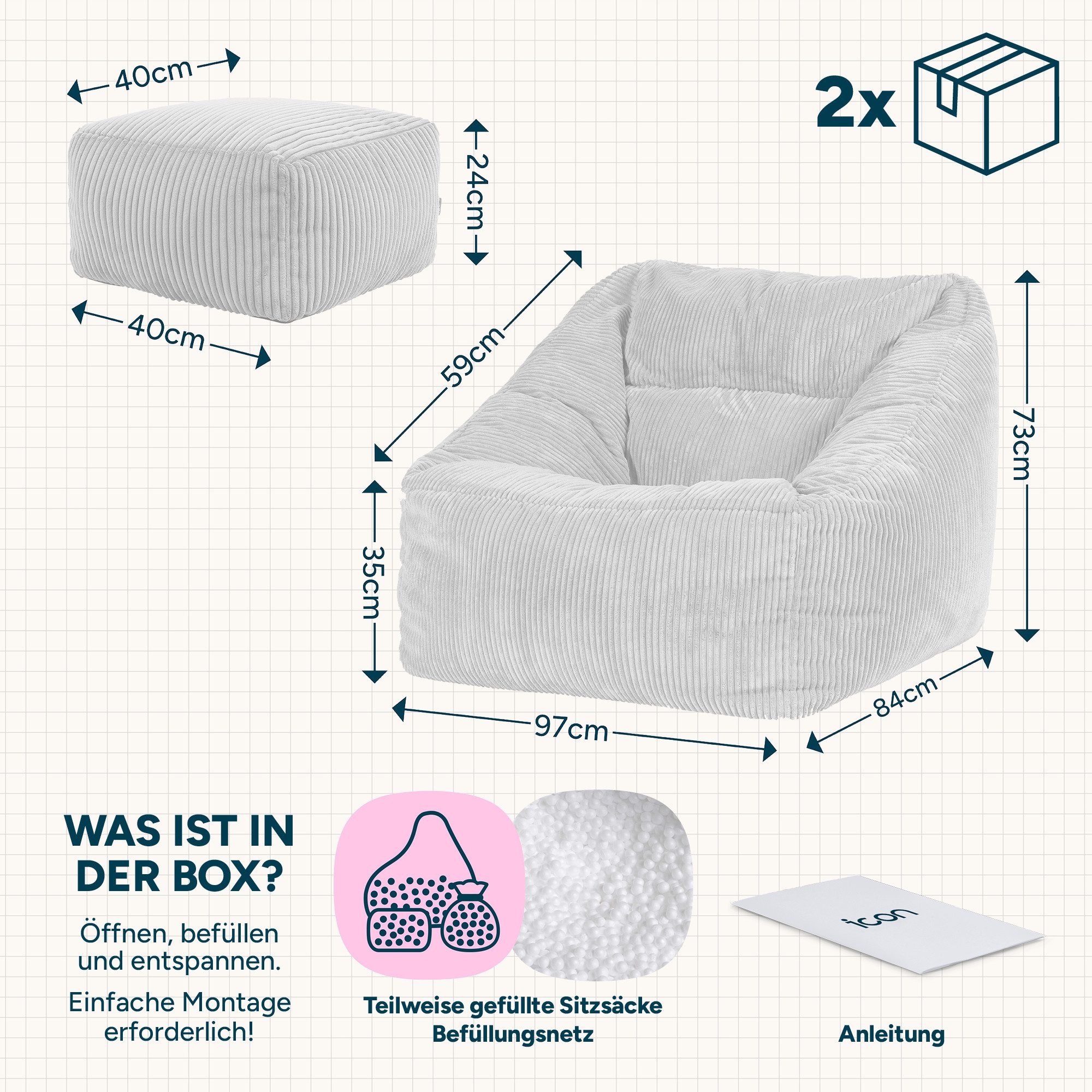 icon Sitzsack Riesen Sessel aus Cord Flauschig „Natalia" mit Hocker (Spar-Set, 1 x Sitzsack-Sessel, 1 x Fußhocker), Sitzsack XXL, Made in Germany, für Erwachsen – Bild 5 von 5