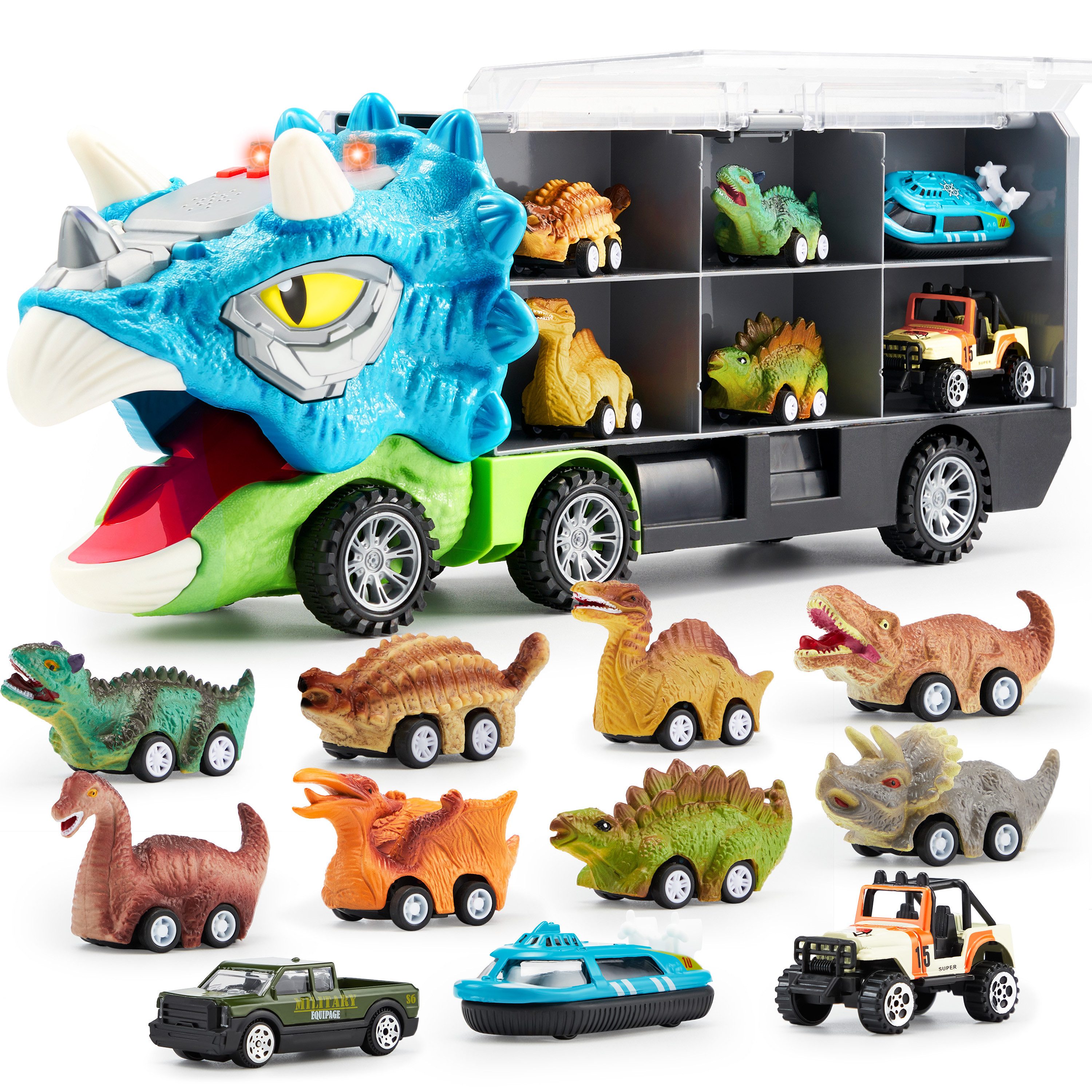 JOYIN Spielzeug-Transporter JOYIN Dino-Spielzeug-Set: Transporter & 12 Rückzieh-Fahrzeuge