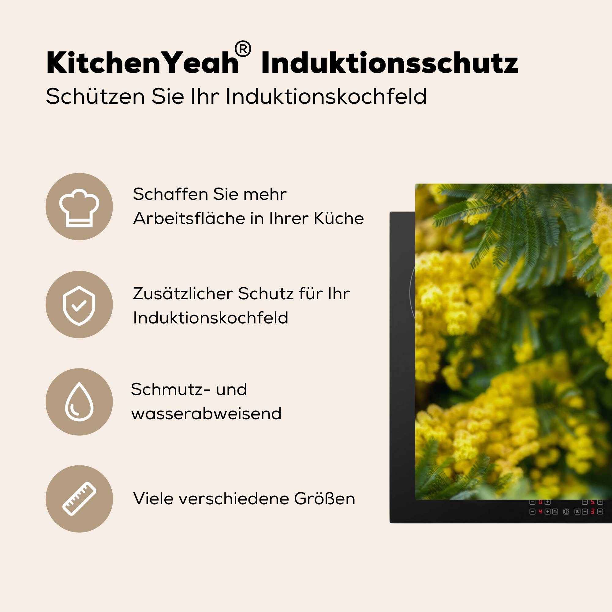 (1 Vinyl, für MuchoWow Induktionskochfeld 81x52 Schutz Mimosenblüten, Ceranfeldabdeckung Gelbe Herdblende-/Abdeckplatte cm, küche, die tlg),