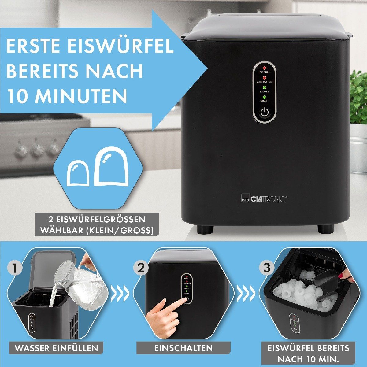 CLATRONIC Elektrischer Eiswürfelbereiter EWB 3798, Eiswürfelmaschine - Eiswürfel in 10 Minuten