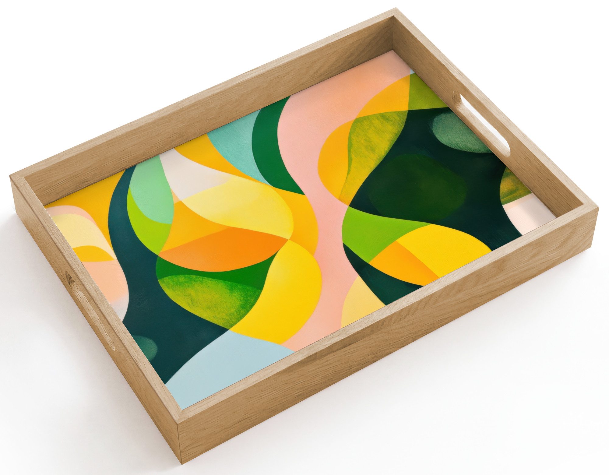 OnlyWow Tablett Rechteckig mit Henkel Abstrakt - Gelb - Rosa - Grün, Eichenholz, (1-tlg), Siervierplatte, Tray, Frühstücksbrett
