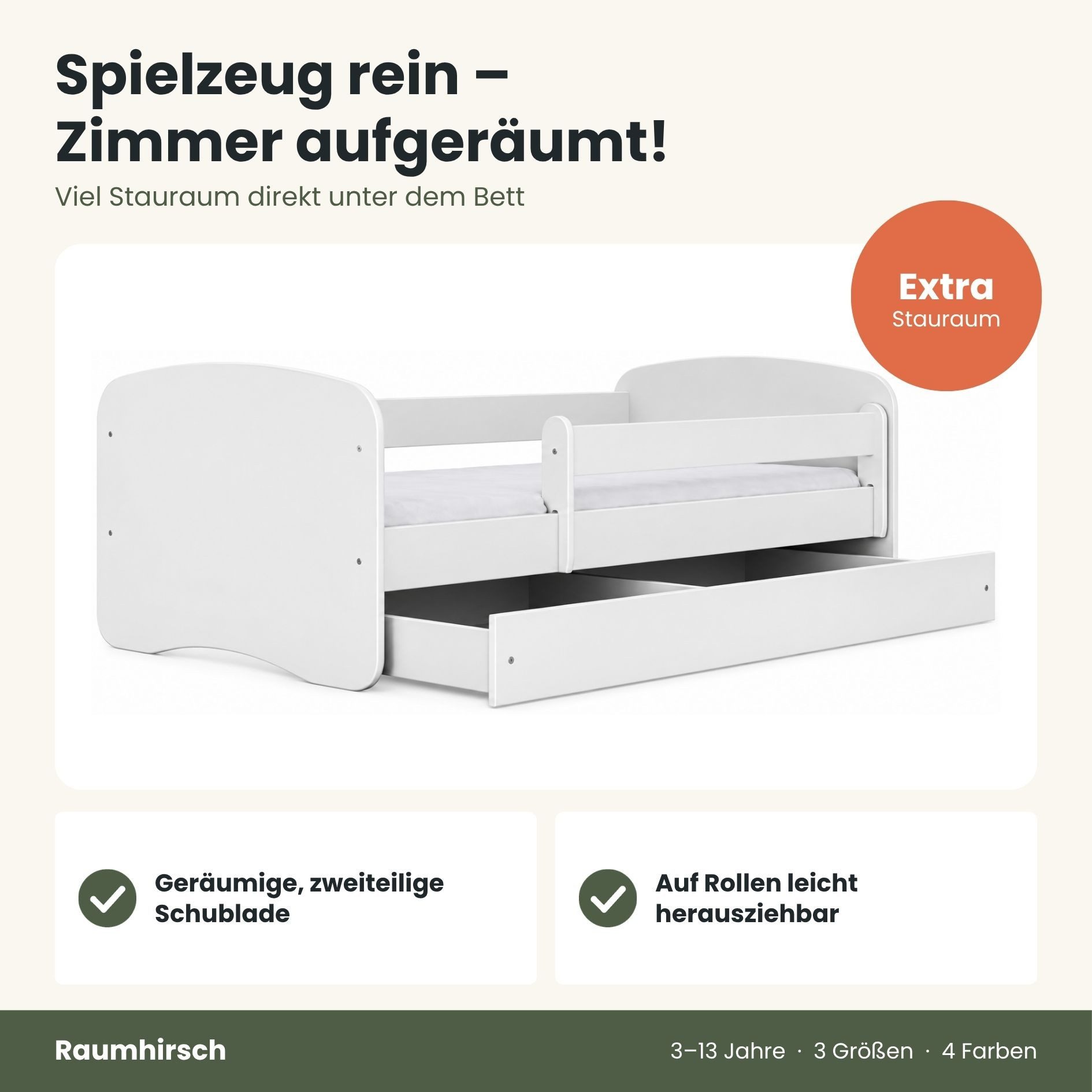 Raumhirsch Furniture Kinderbett 70x140, 80x160, 80x180 cm - Komplettset mit Matratze & Schublade (Bett für Jungs, Einzelbett für Kinder 2–12 Jahre mit Rausfalls – Bild 4 von 5