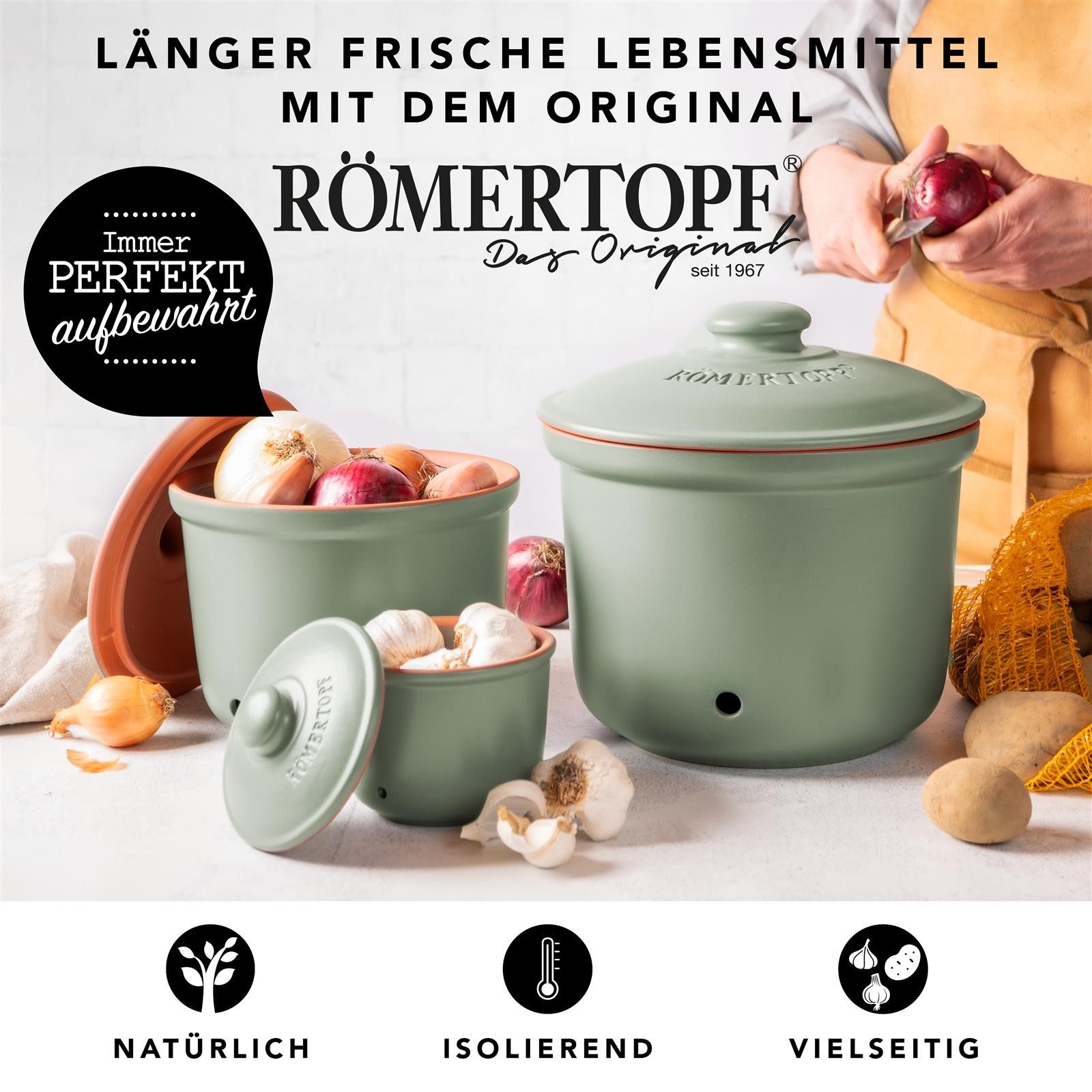 RÖMERTOPF Vorratsdose Frische-Topf 3er Set, Grün, Keramik, (Set), aus Naturton