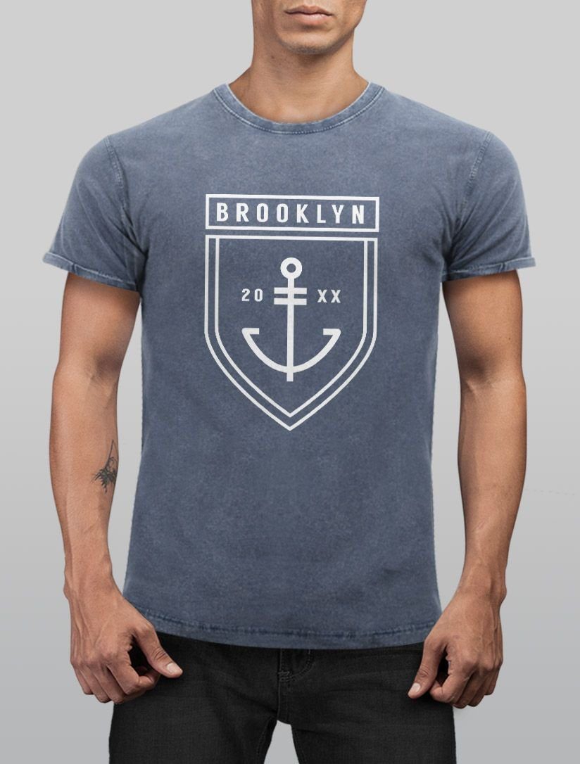 mit Used Aufdruck blau Vintage Look Slim Neverless® Shirt Cooles Anker Brooklyn Print-Shirt Angesagtes Print T-Shirt Fit Herren Neverless