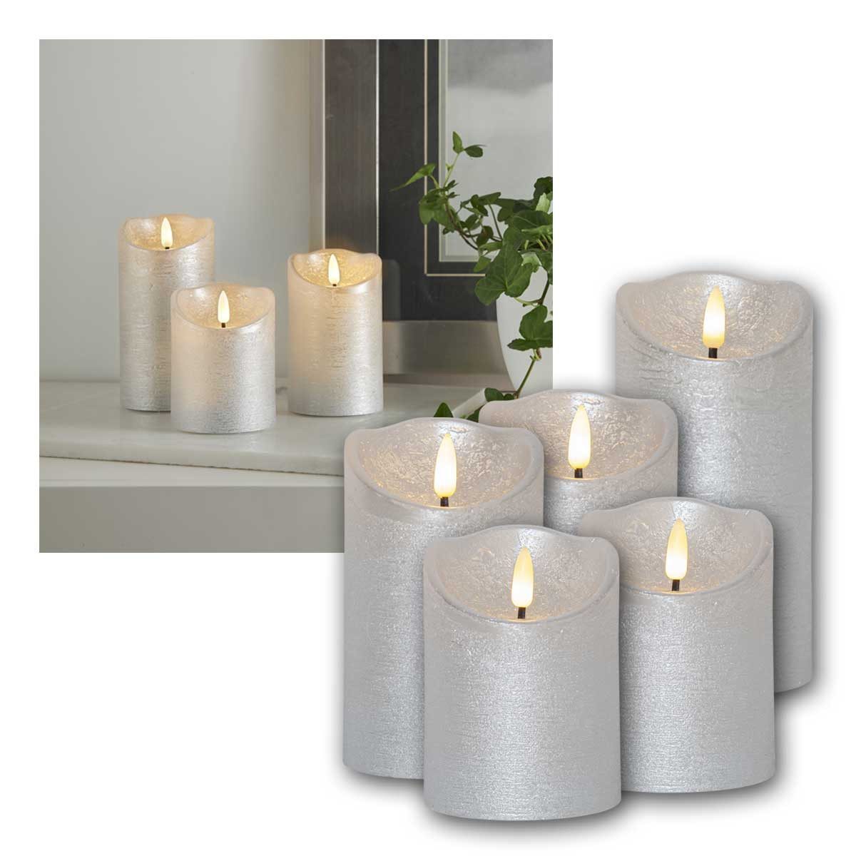 STAR TRADING LED-Kerze LED Echtwachs-Kerze 3D FLAMME RUSTIC 5er Set silbe, warmweiß